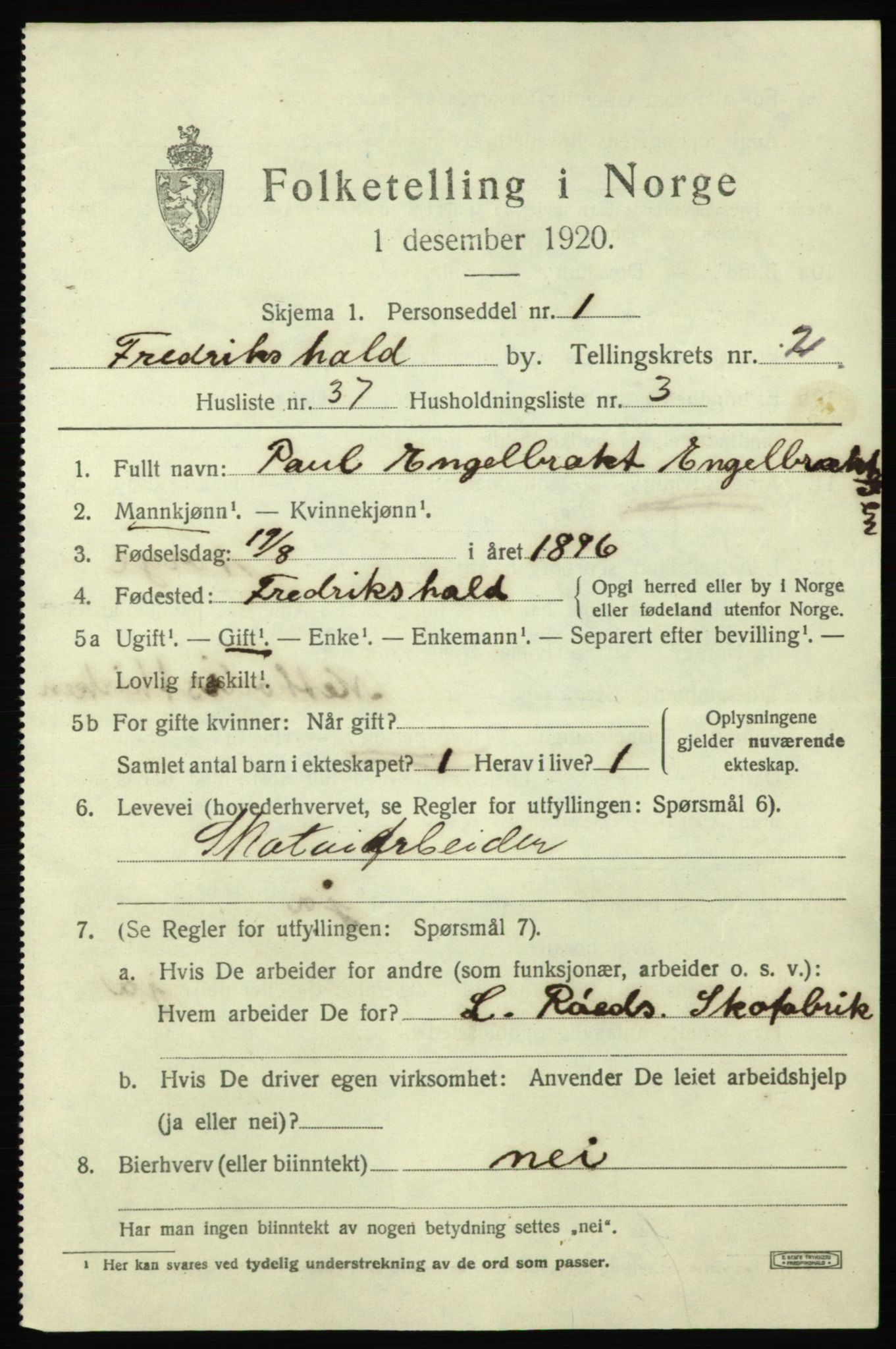 SAO, 1920 census for Fredrikshald, 1920, p. 10237