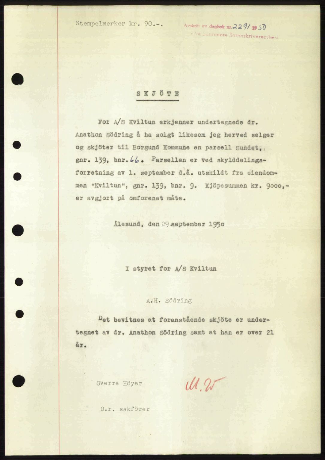 Nordre Sunnmøre sorenskriveri, AV/SAT-A-0006/1/2/2C/2Ca: Mortgage book no. A36, 1950-1950, Diary no: : 2291/1950