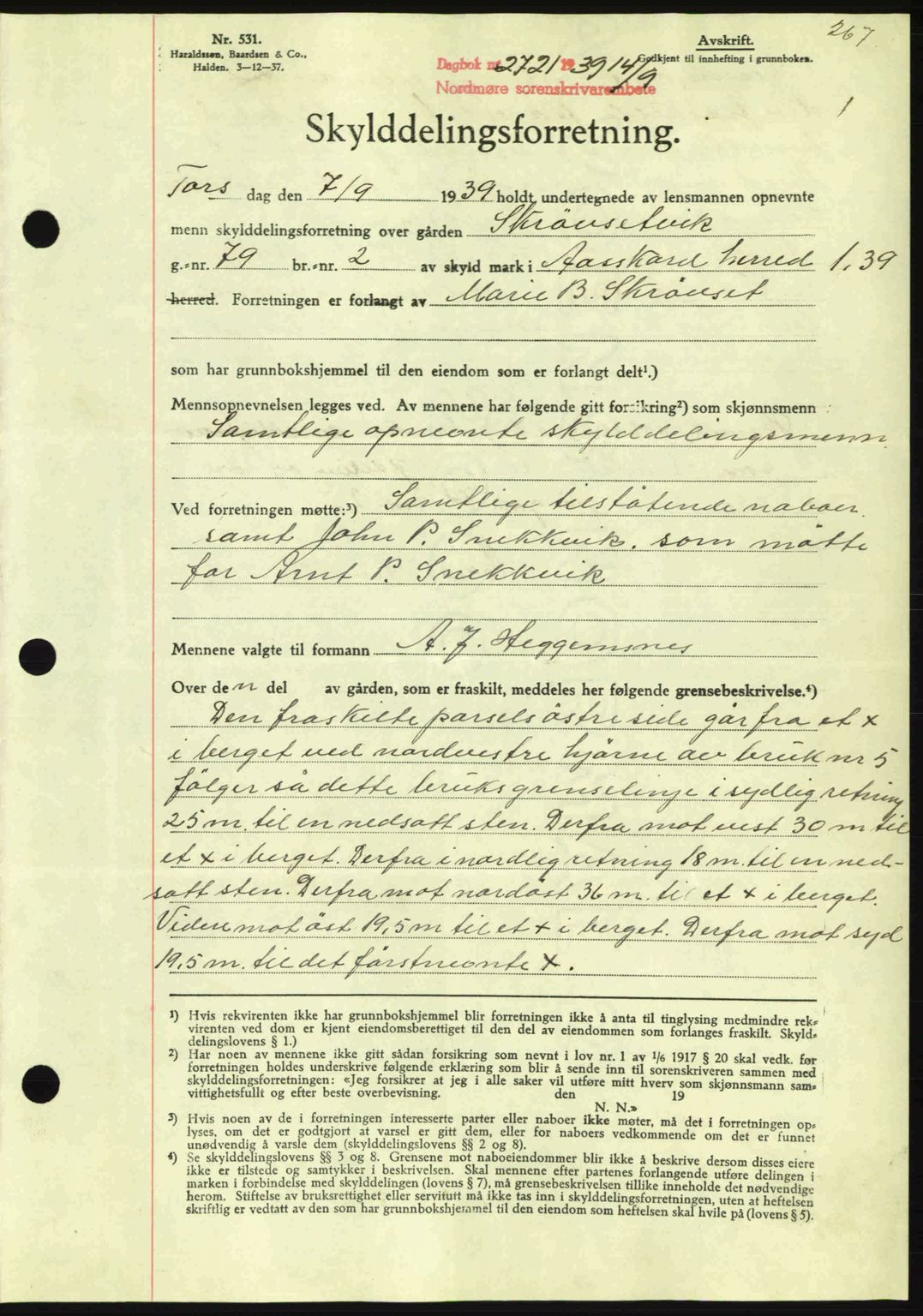 Nordmøre sorenskriveri, AV/SAT-A-4132/1/2/2Ca: Mortgage book no. A87, 1939-1940, Diary no: : 2721/1939