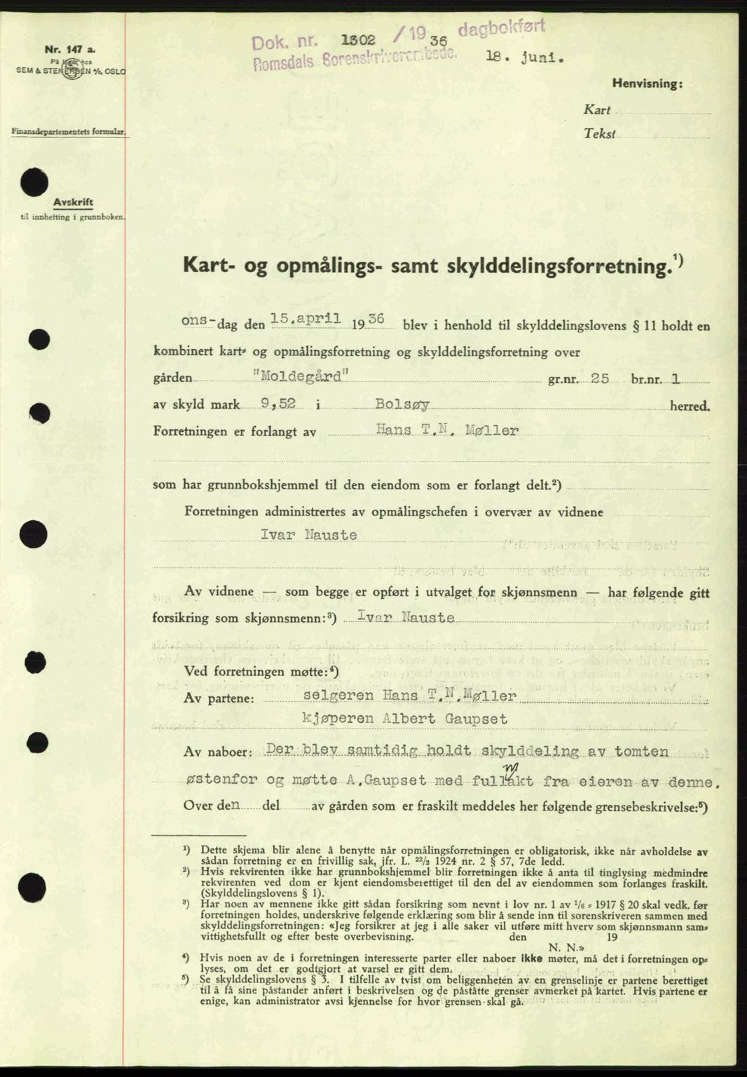 Romsdal sorenskriveri, AV/SAT-A-4149/1/2/2C: Mortgage book no. A1, 1936-1936, Diary no: : 1291/1936