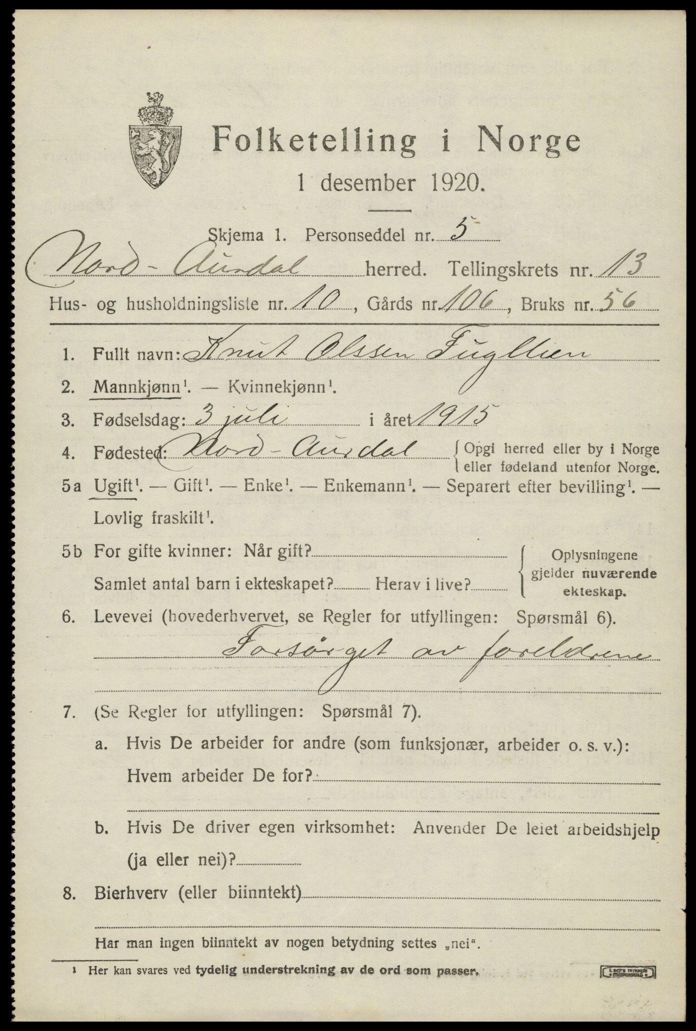 SAH, 1920 census for Nord-Aurdal, 1920, p. 10580