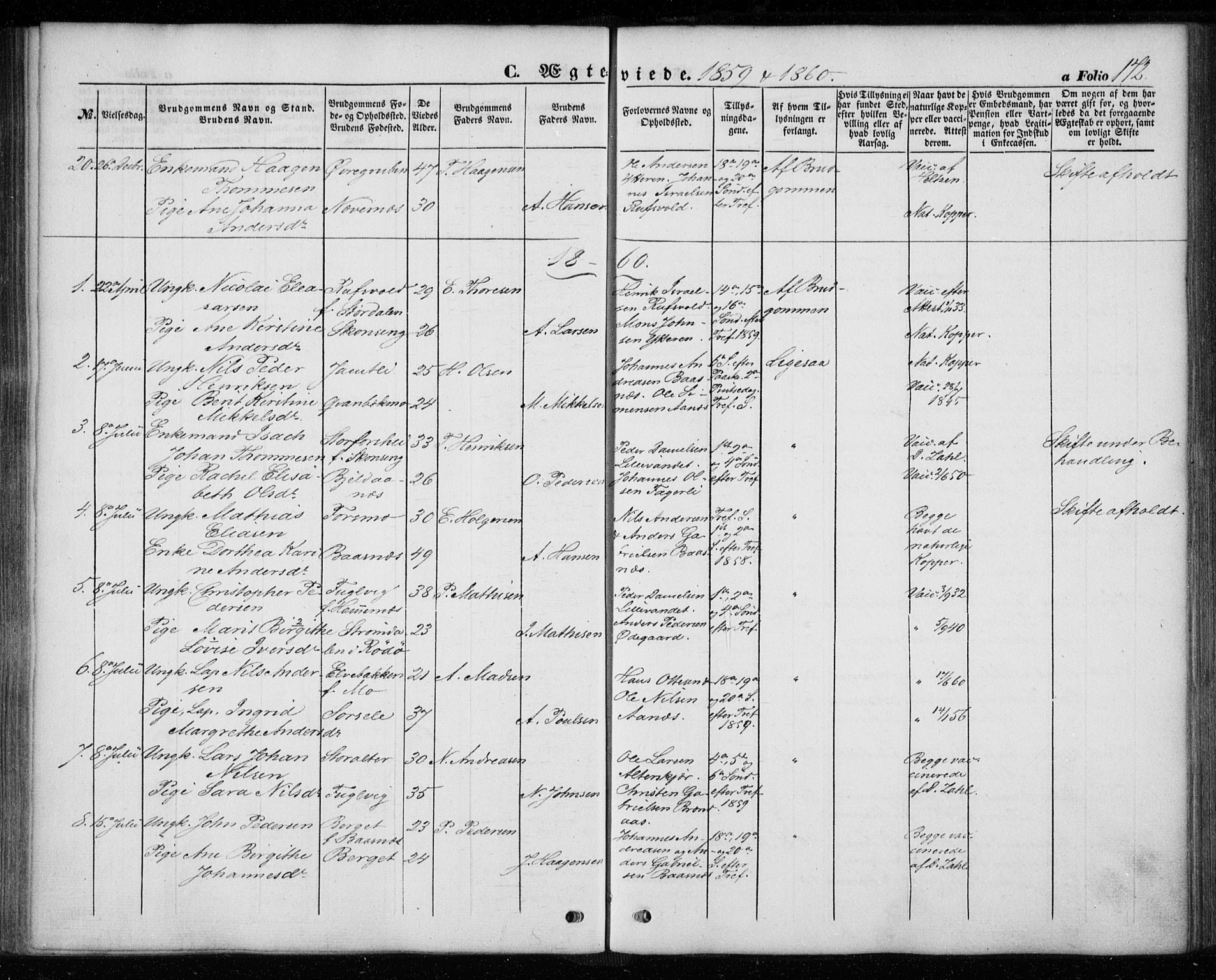 Ministerialprotokoller, klokkerbøker og fødselsregistre - Nordland, AV/SAT-A-1459/827/L0392: Parish register (official) no. 827A04, 1853-1866, p. 172