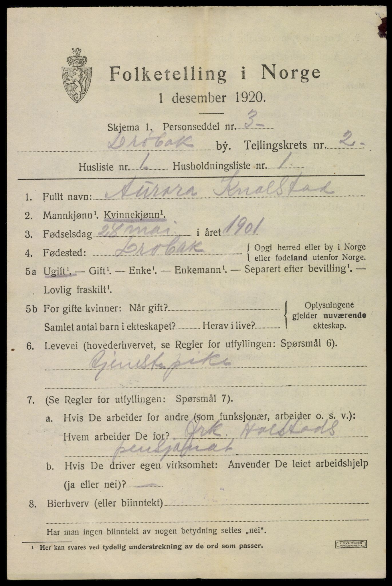 SAO, 1920 census for Drøbak, 1920, p. 2693