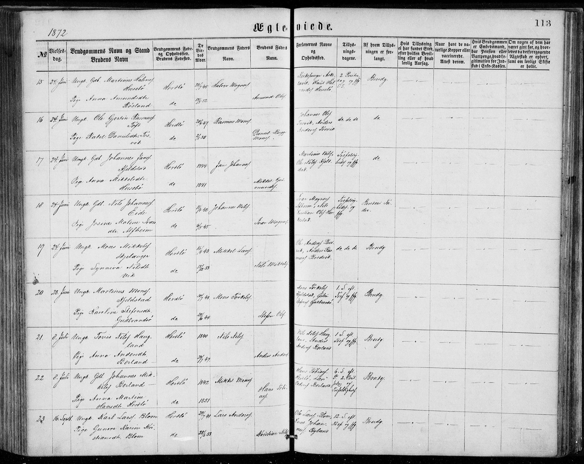 Herdla Sokneprestembete, AV/SAB-A-75701/H/Haa: Parish register (official) no. A 2, 1869-1877, p. 113