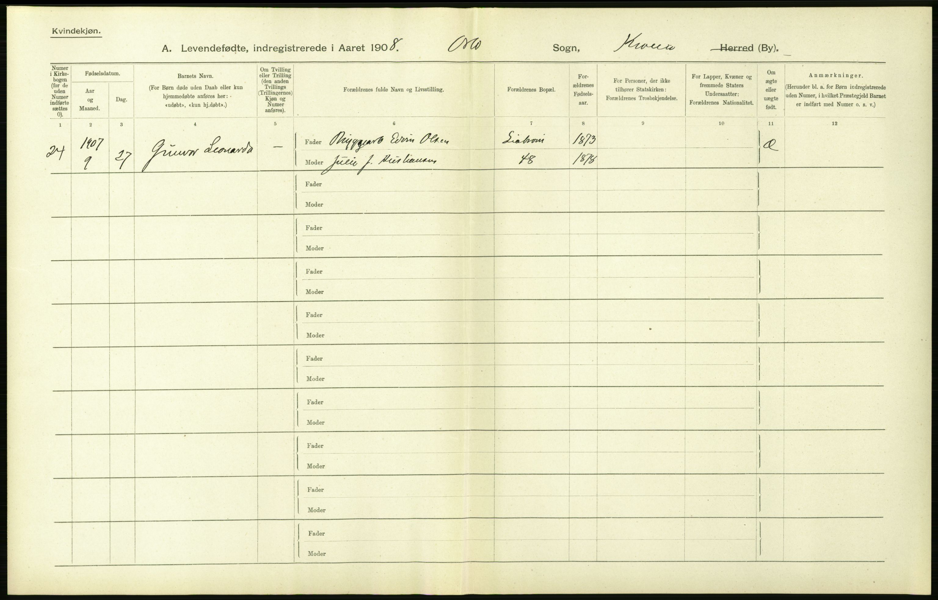 Statistisk sentralbyrå, Sosiodemografiske emner, Befolkning, AV/RA-S-2228/D/Df/Dfa/Dfaf/L0005: Kristiania: Levendefødte menn og kvinner., 1908, p. 68