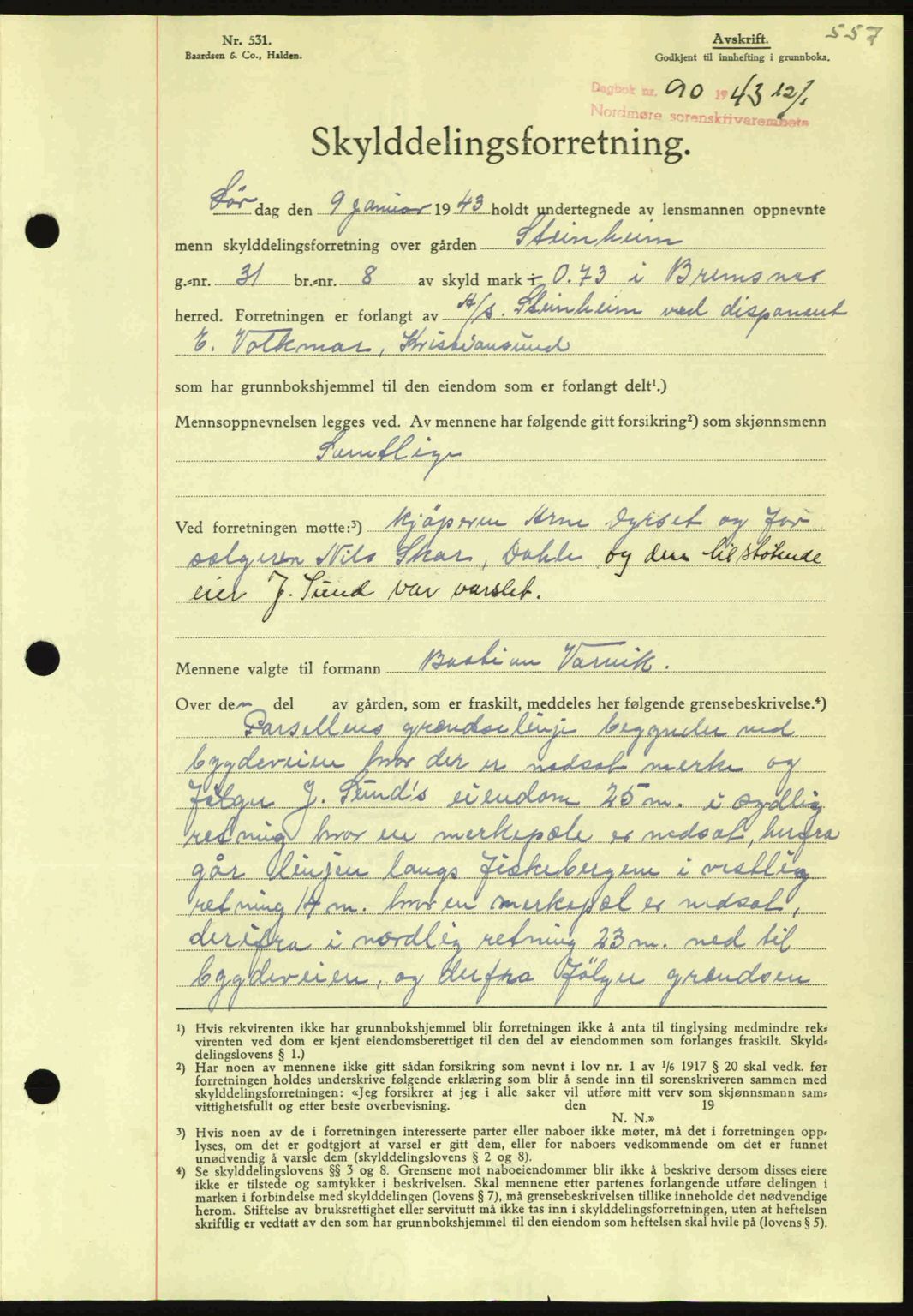 Nordmøre sorenskriveri, AV/SAT-A-4132/1/2/2Ca: Mortgage book no. A94, 1942-1943, Diary no: : 90/1943