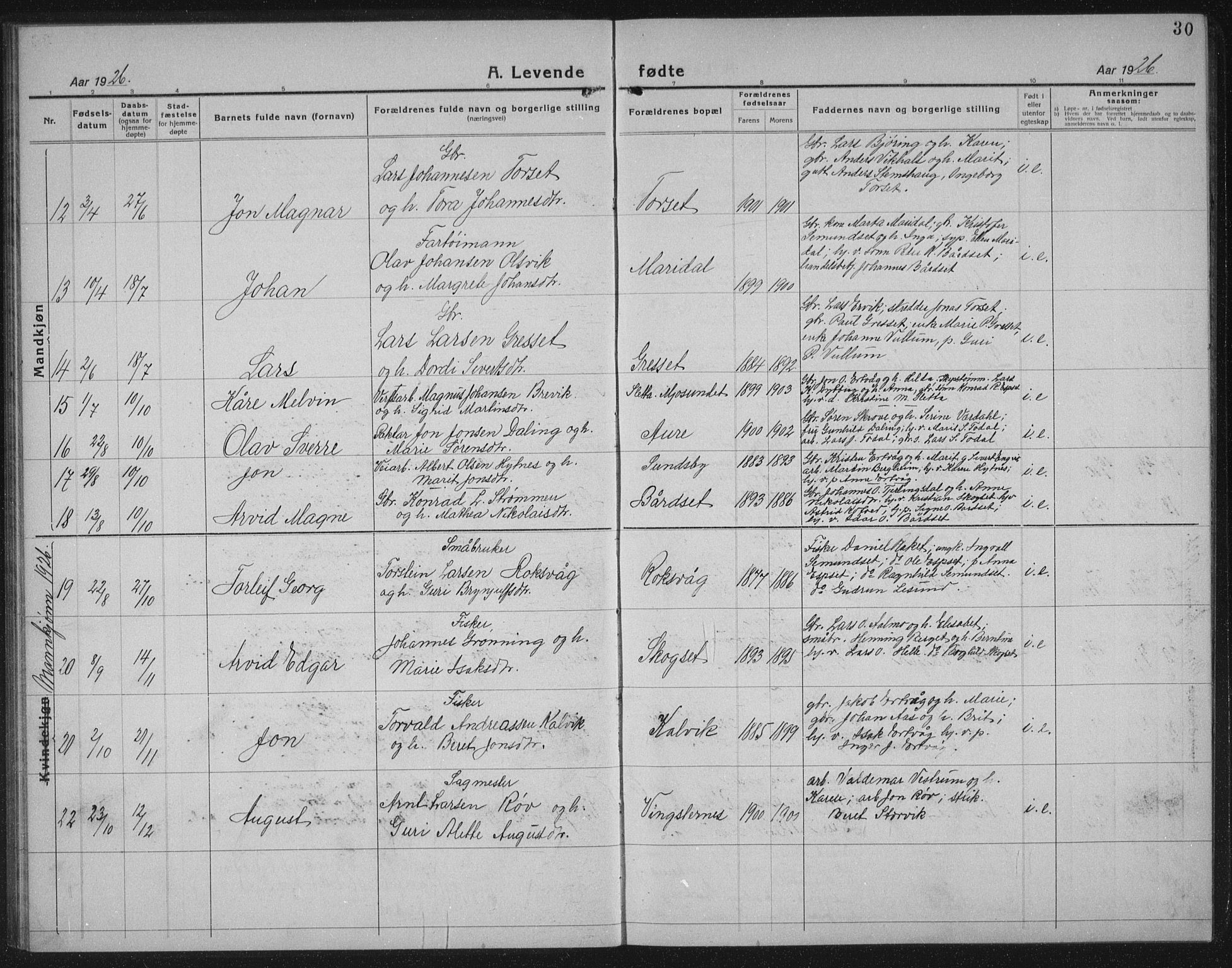 Ministerialprotokoller, klokkerbøker og fødselsregistre - Møre og Romsdal, AV/SAT-A-1454/578/L0911: Parish register (copy) no. 578C04, 1921-1940, p. 30