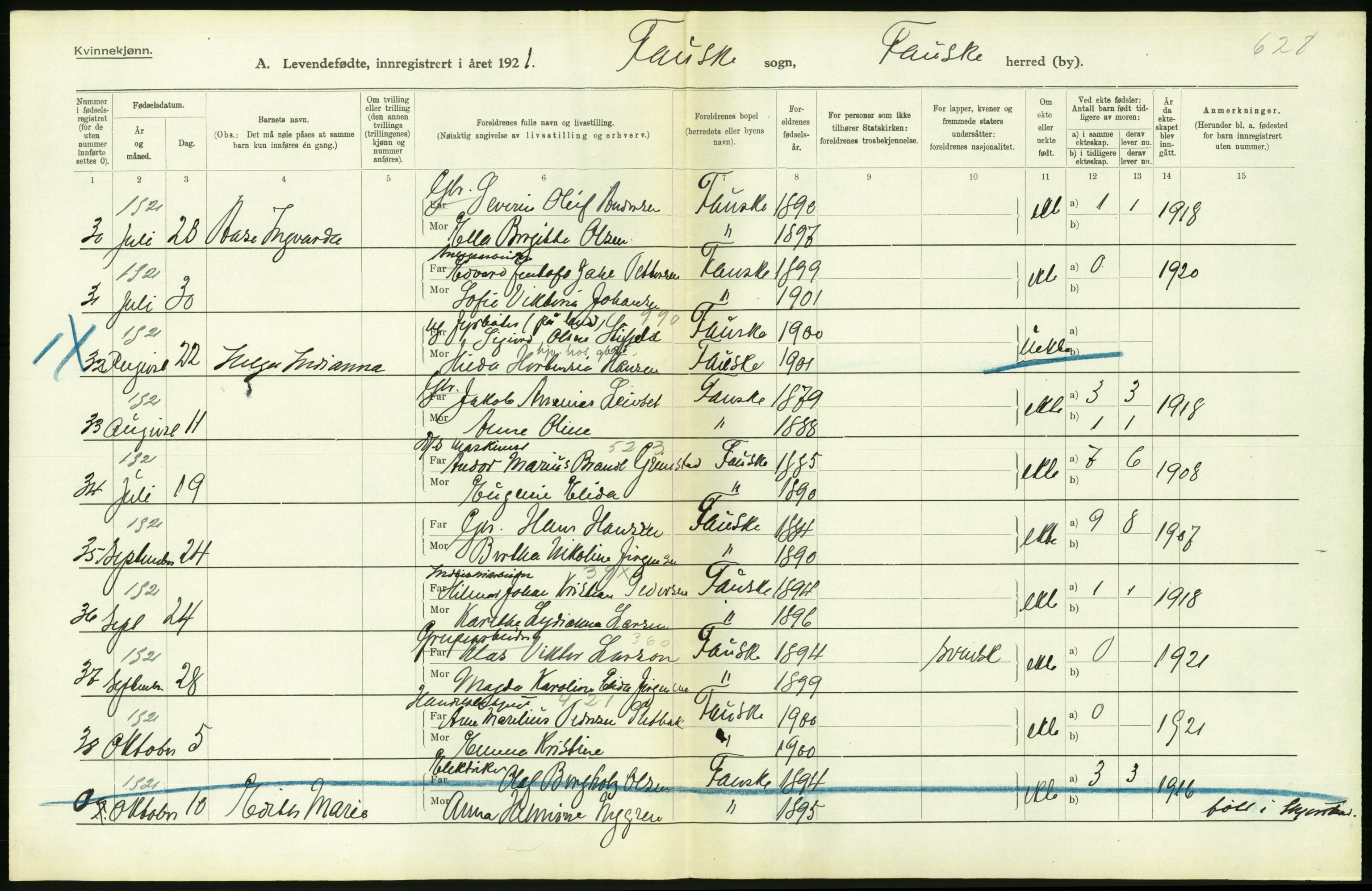 Statistisk sentralbyrå, Sosiodemografiske emner, Befolkning, AV/RA-S-2228/D/Df/Dfc/Dfca/L0049: Nordland fylke: Levendefødte menn og kvinner. Bygder., 1921, p. 198