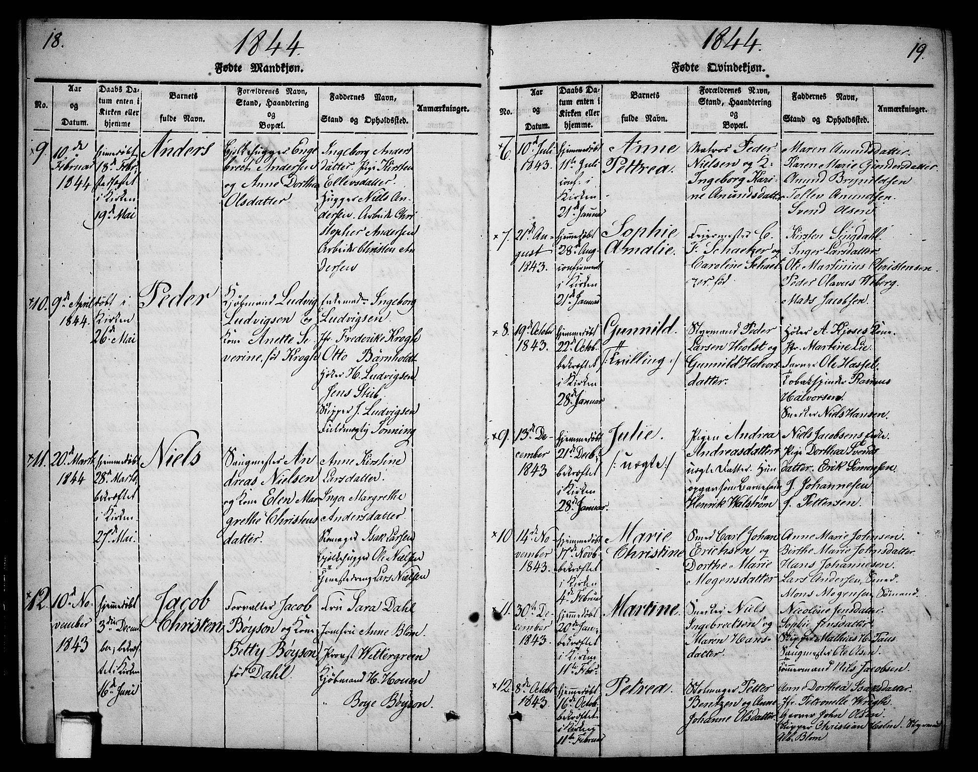 Skien kirkebøker, SAKO/A-302/G/Ga/L0003: Parish register (copy) no. 3, 1843-1847, p. 18-19
