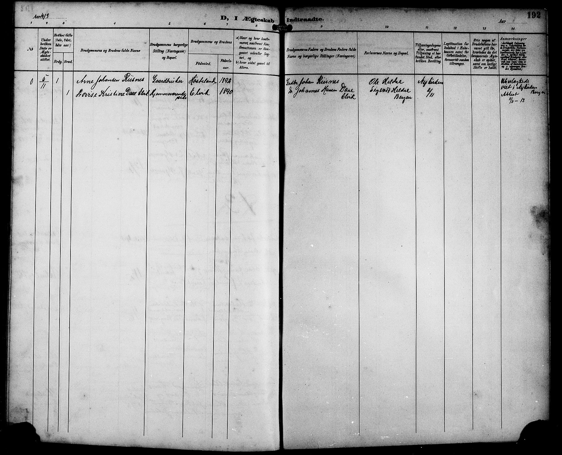 Masfjorden Sokneprestembete, SAB/A-77001: Parish register (copy) no. B 1, 1892-1913, p. 192