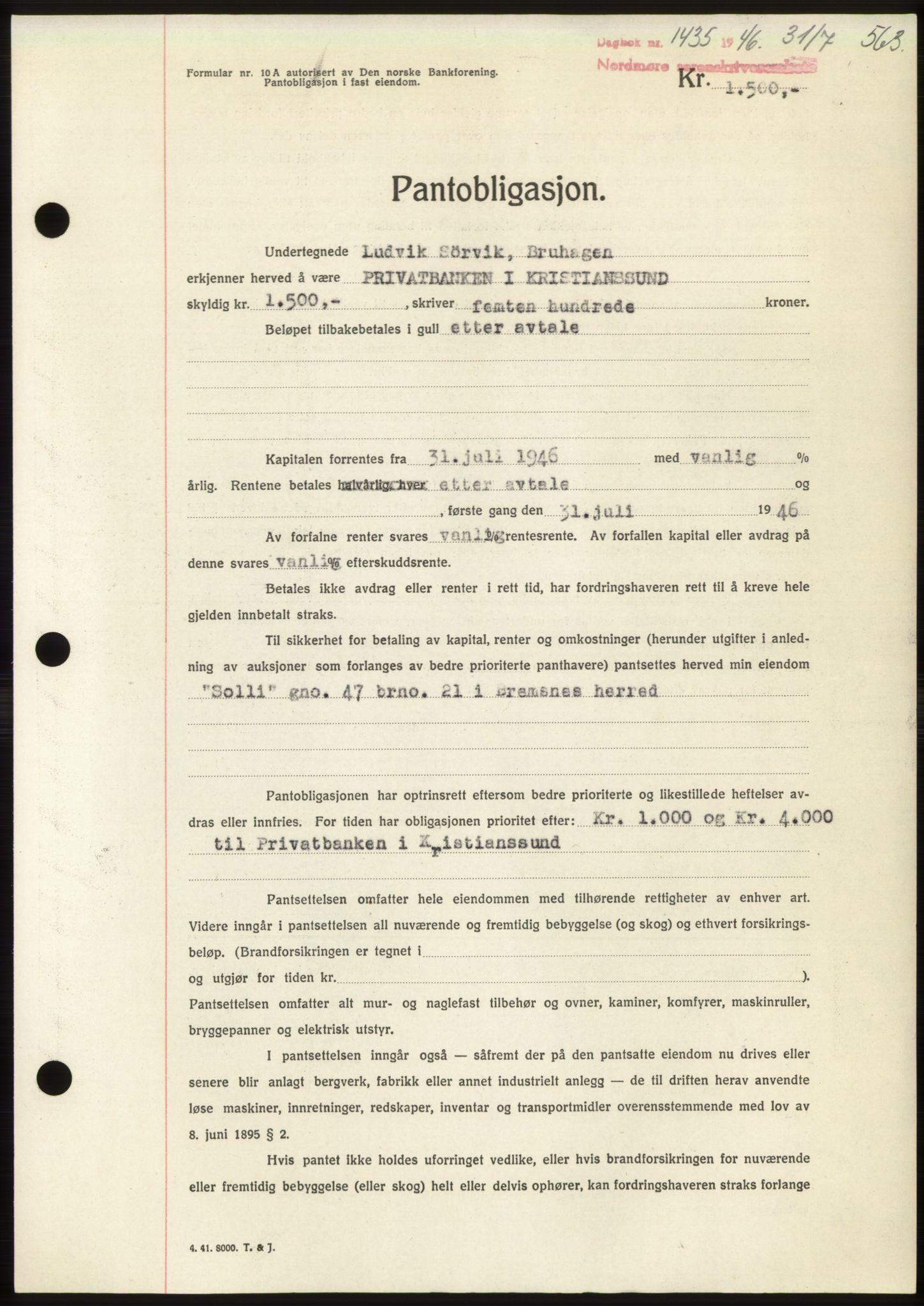 Nordmøre sorenskriveri, AV/SAT-A-4132/1/2/2Ca: Mortgage book no. B94, 1946-1946, Diary no: : 1435/1946