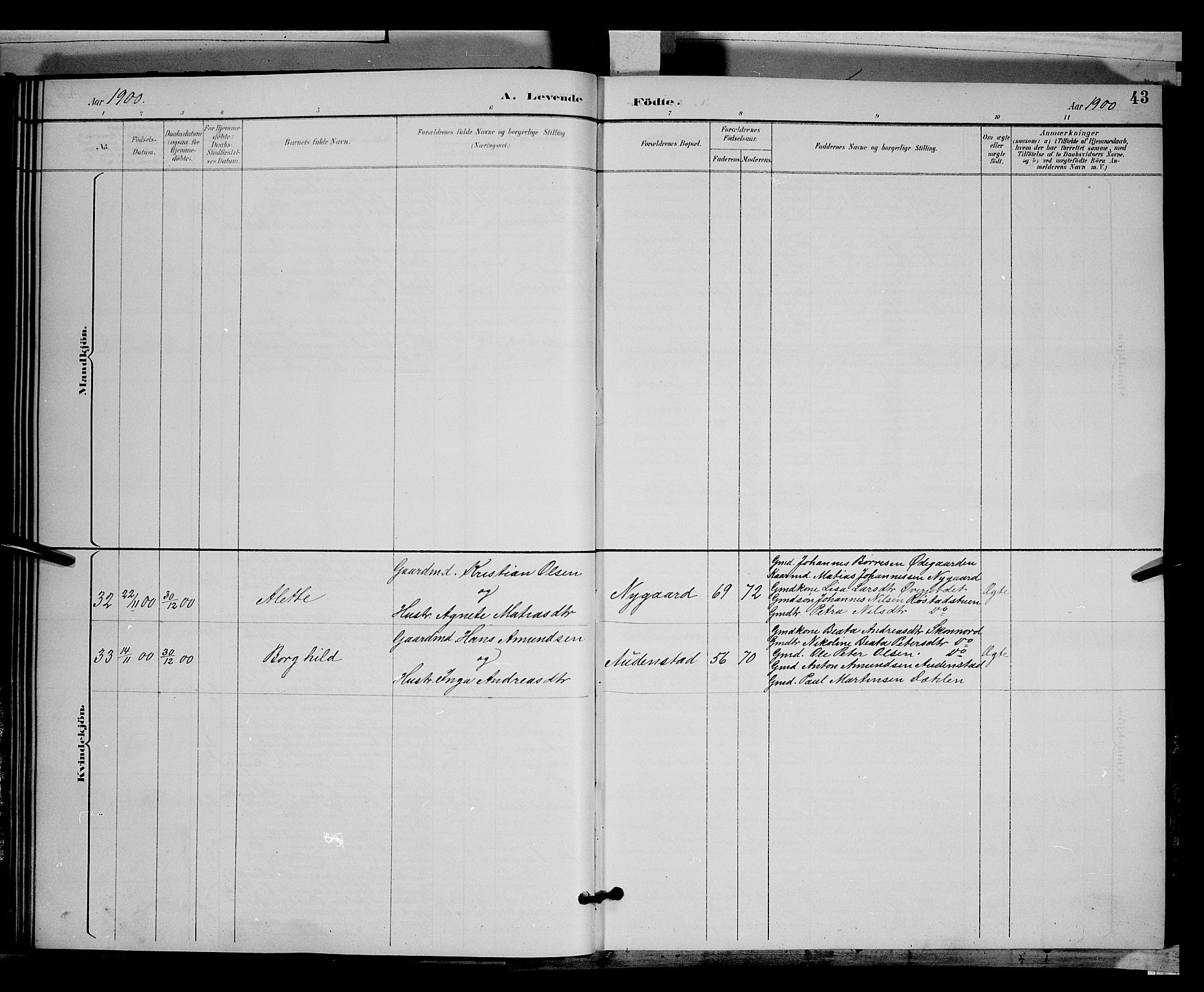 Biri prestekontor, SAH/PREST-096/H/Ha/Hab/L0003: Parish register (copy) no. 3, 1892-1905, p. 43