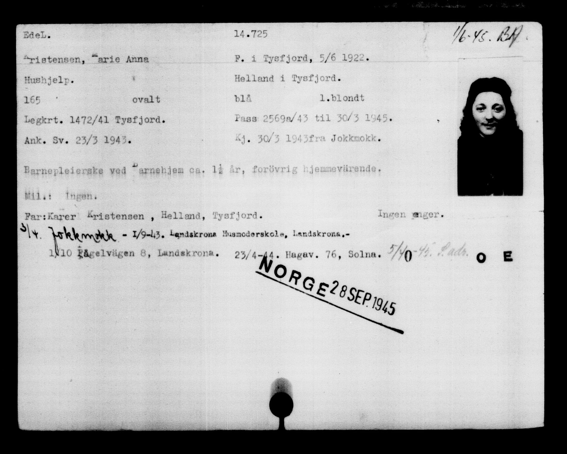 Utenriksstasjonene, Legasjonen i Stockholm, Flyktningkontoret, AV/RA-S-6753/V/Va/L0007: Kjesäterkartoteket, flyktninger med registreringsnr. 12700-15723, 1940-1945, p. 2336