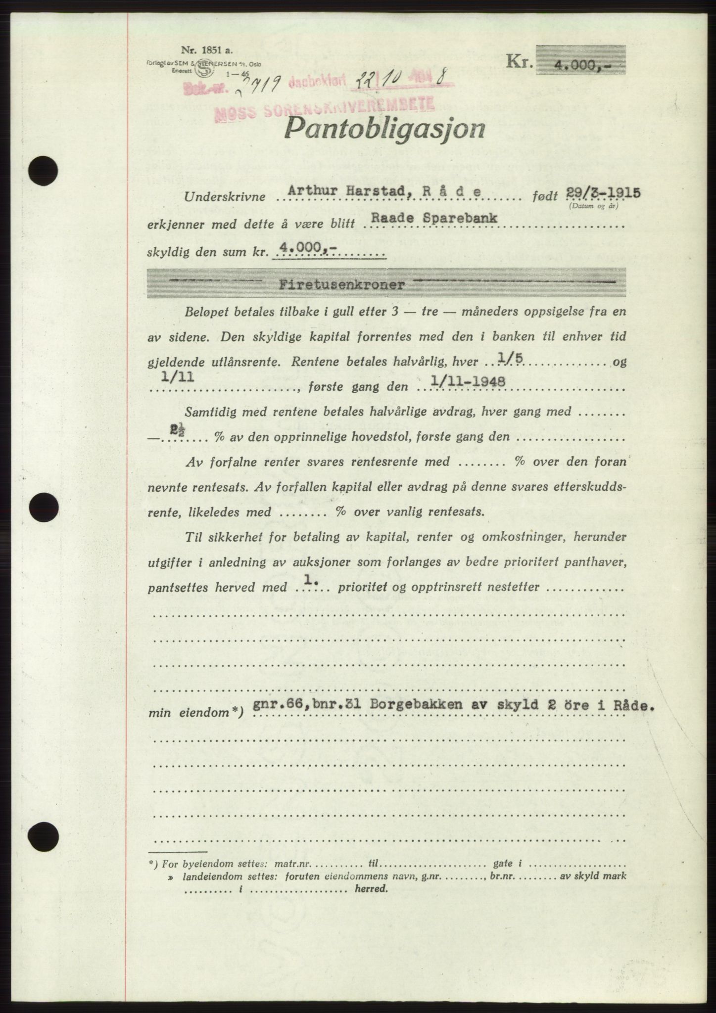 Moss sorenskriveri, AV/SAO-A-10168: Mortgage book no. B20, 1948-1948, Diary no: : 2719/1948