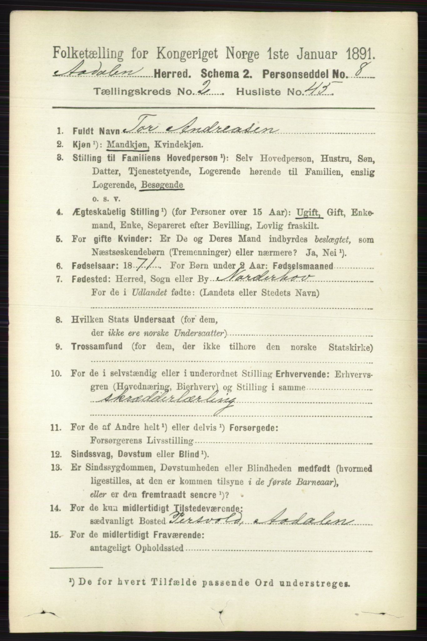 RA, 1891 census for 0614 Ådal, 1891, p. 948