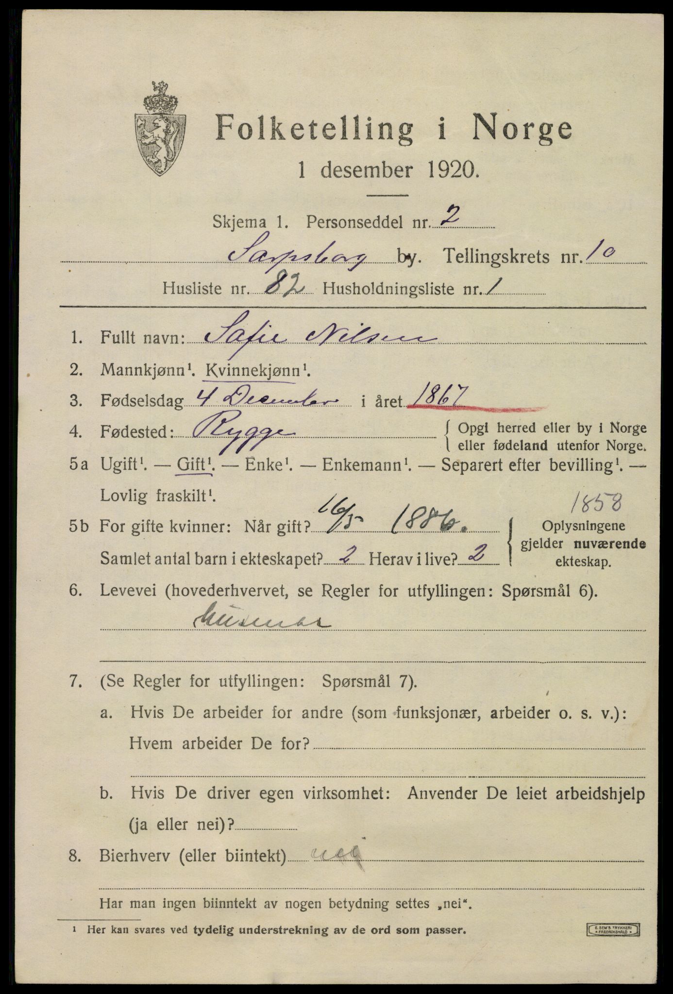 SAO, 1920 census for Sarpsborg, 1920, p. 22338