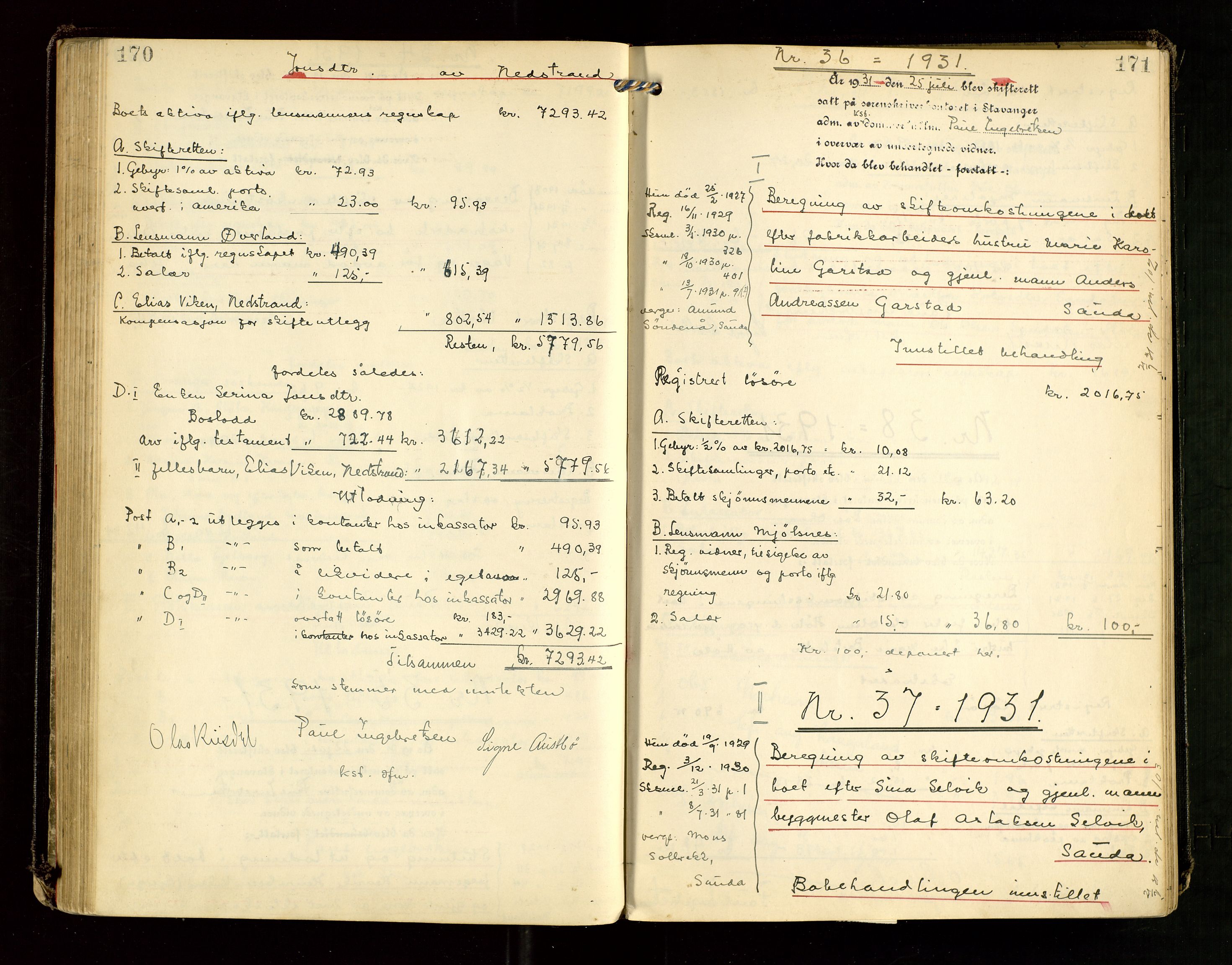 Ryfylke tingrett, AV/SAST-A-100055/001/IV/IVG/L0007: Skifteutlodningsprotokoll Med register, 1929-1933, p. 170-171