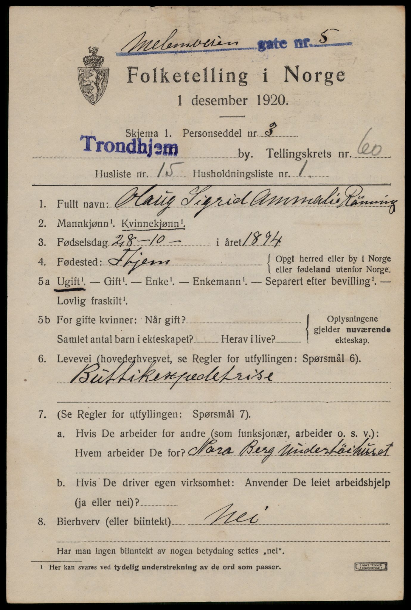 SAT, 1920 census for Trondheim, 1920, p. 122238