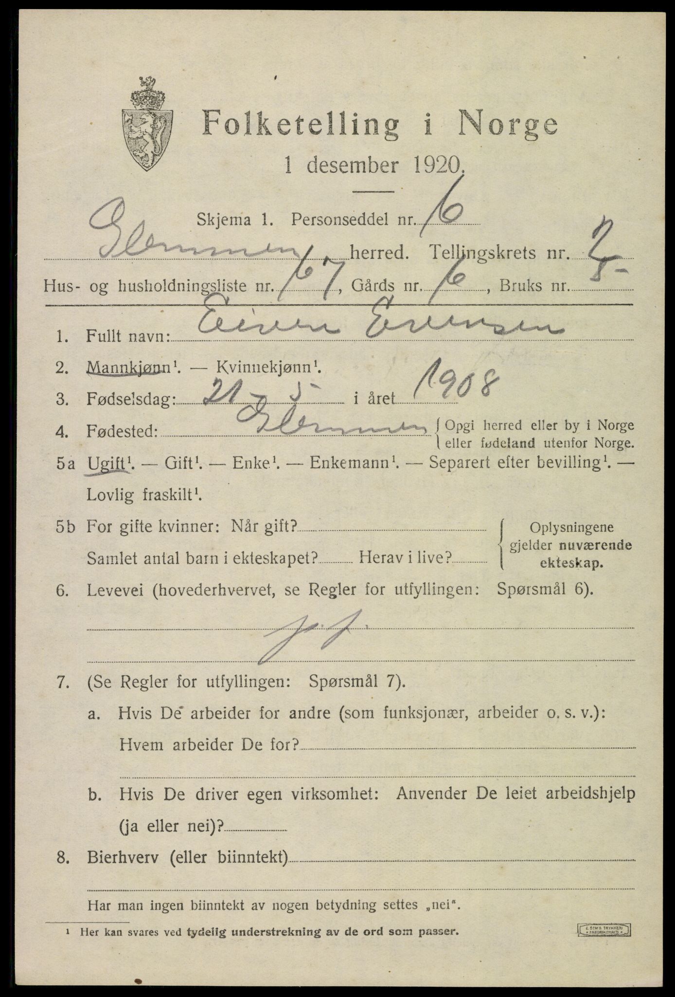 SAO, 1920 census for Glemmen, 1920, p. 5141