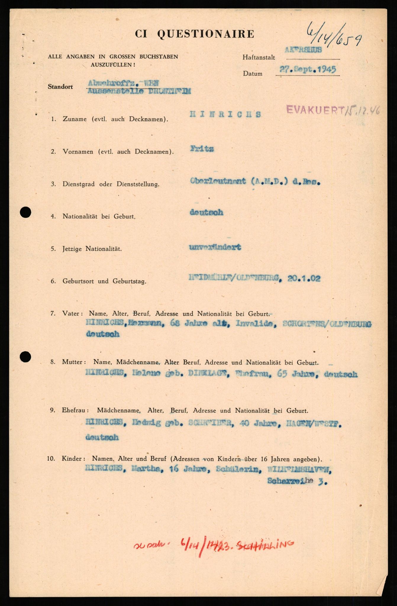 Forsvaret, Forsvarets overkommando II, AV/RA-RAFA-3915/D/Db/L0013: CI Questionaires. Tyske okkupasjonsstyrker i Norge. Tyskere., 1945-1946, p. 284