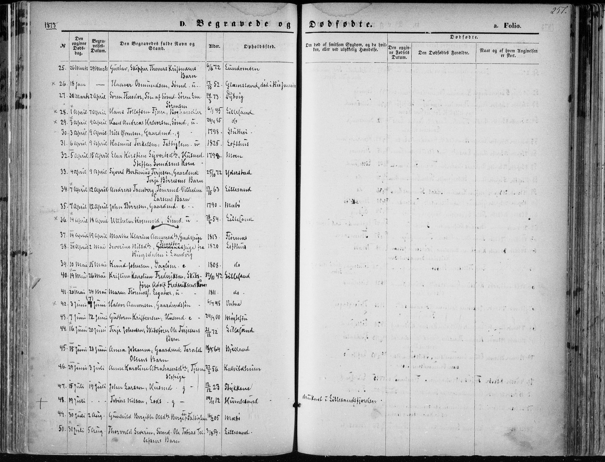 Vestre Moland sokneprestkontor, AV/SAK-1111-0046/F/Fa/Fab/L0008: Parish register (official) no. A 8, 1873-1883, p. 257