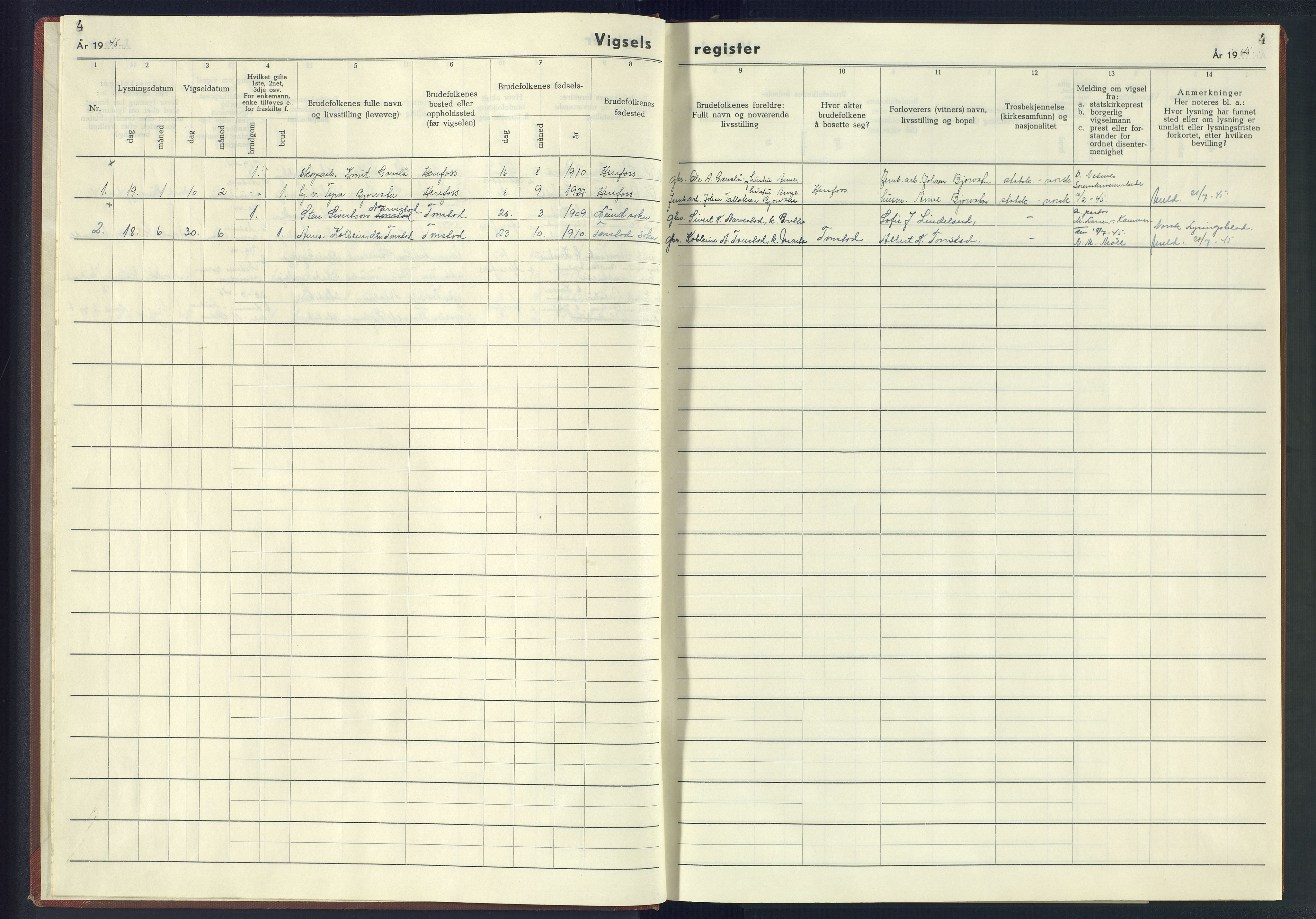 Herefoss sokneprestkontor, AV/SAK-1111-0019/J/Jb/L0004: Marriage register no. II.6.4, 1942-1945, p. 4