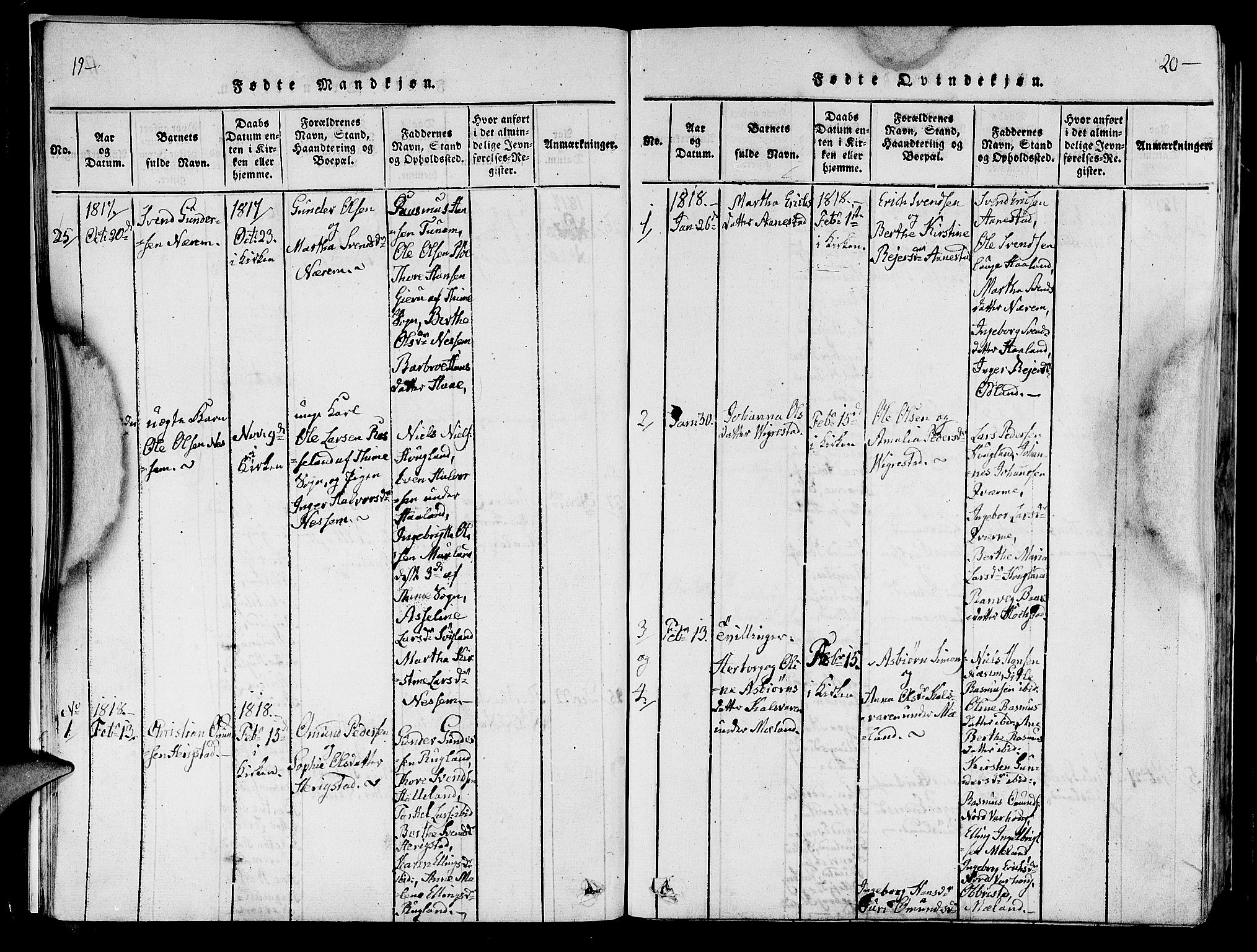 Hå sokneprestkontor, AV/SAST-A-101801/001/30BA/L0003: Parish register (official) no. A 3, 1815-1825, p. 19-20