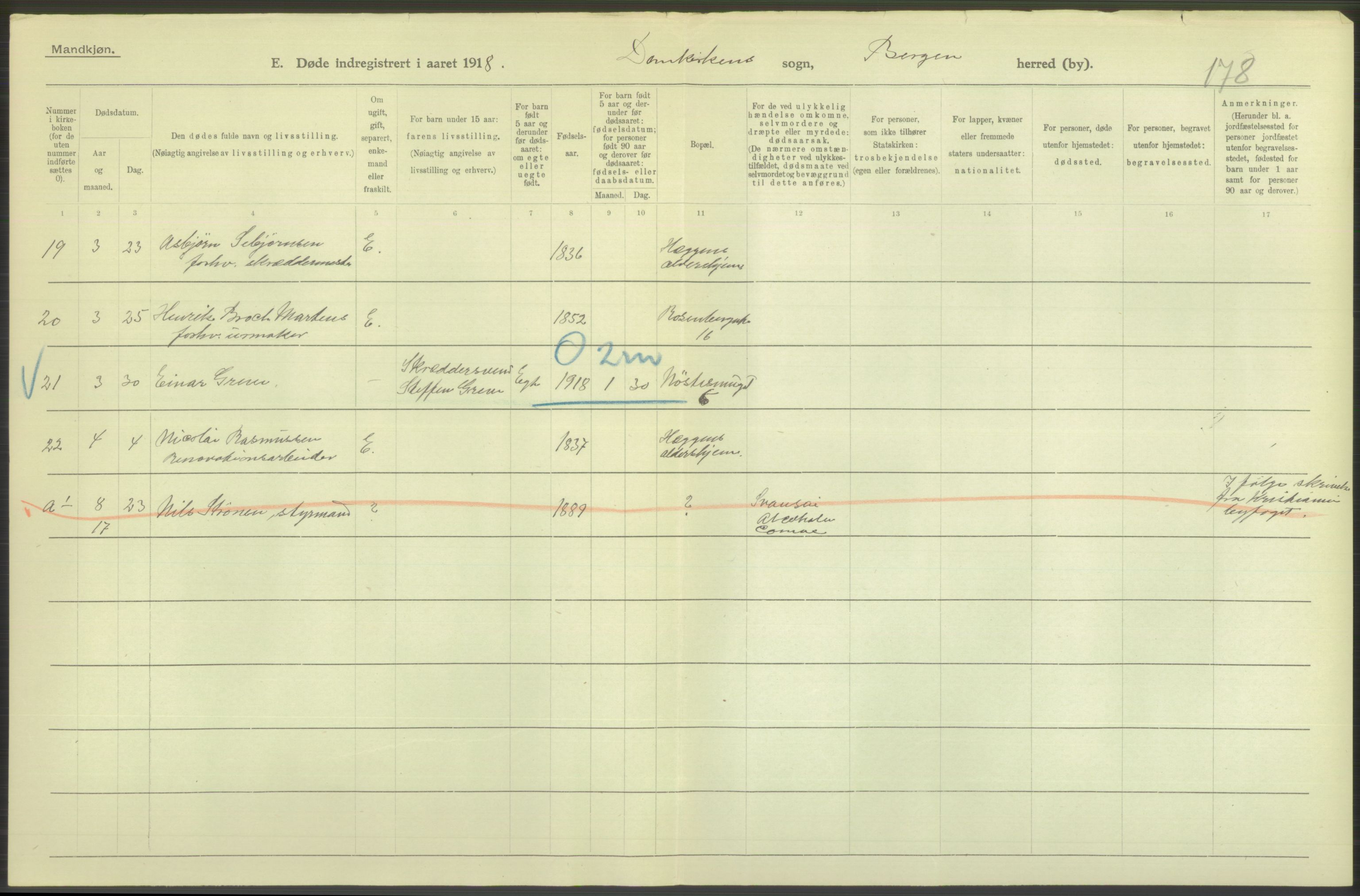 Statistisk sentralbyrå, Sosiodemografiske emner, Befolkning, AV/RA-S-2228/D/Df/Dfb/Dfbh/L0039: Bergen: Døde., 1918, p. 8