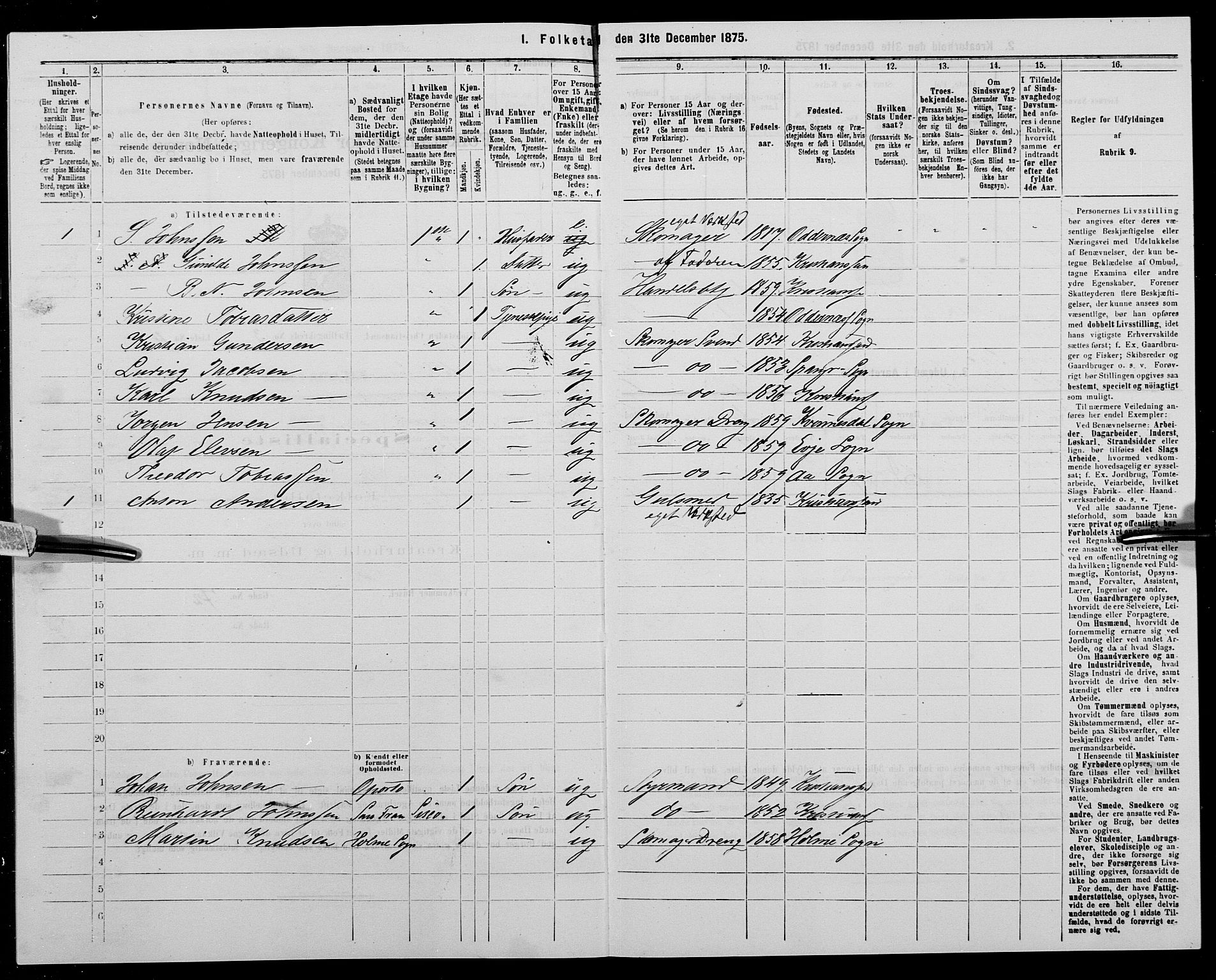 SAK, 1875 census for 1001P Kristiansand, 1875, p. 301