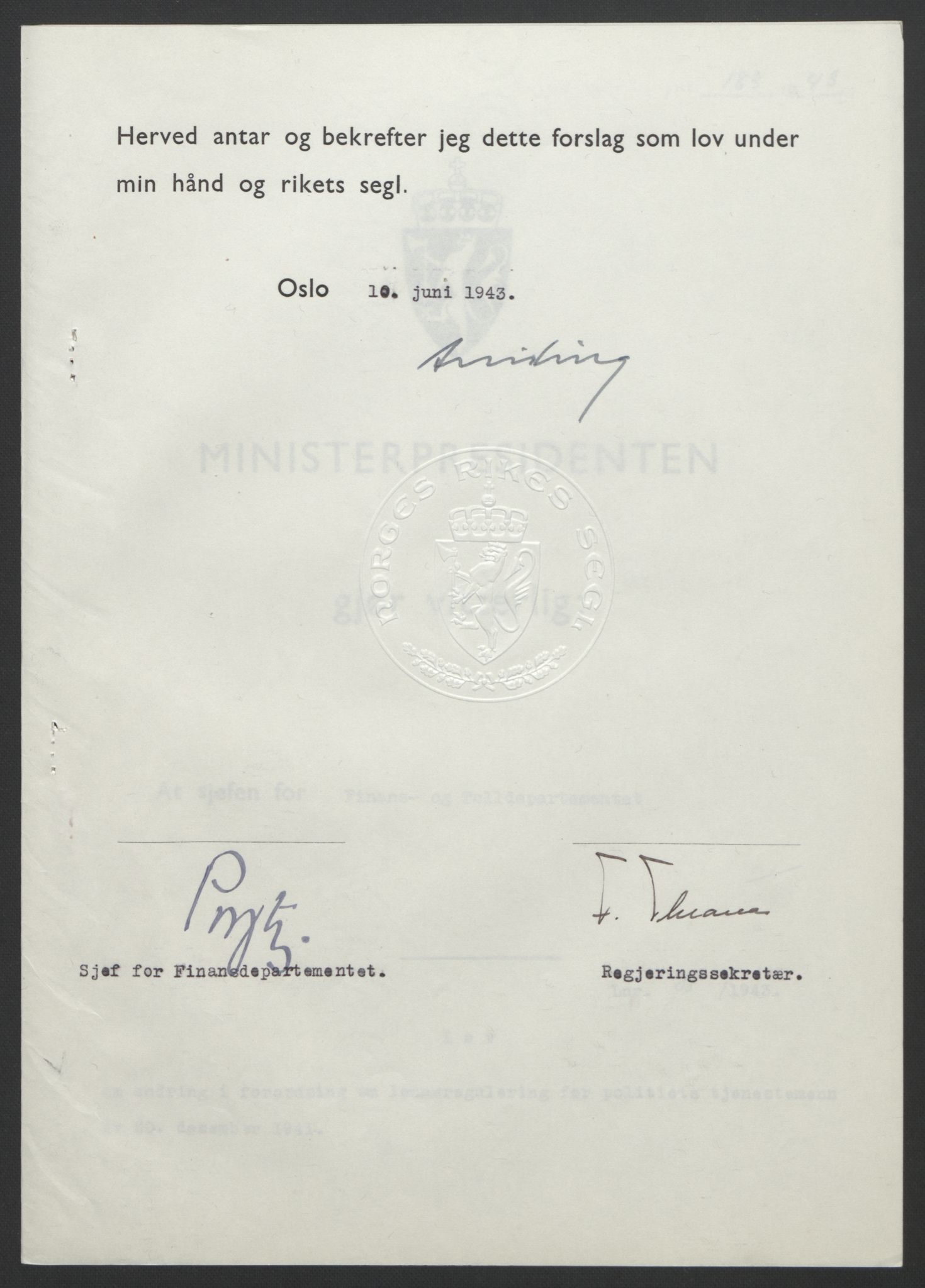 NS-administrasjonen 1940-1945 (Statsrådsekretariatet, de kommisariske statsråder mm), RA/S-4279/D/Db/L0099: Lover, 1943, p. 403