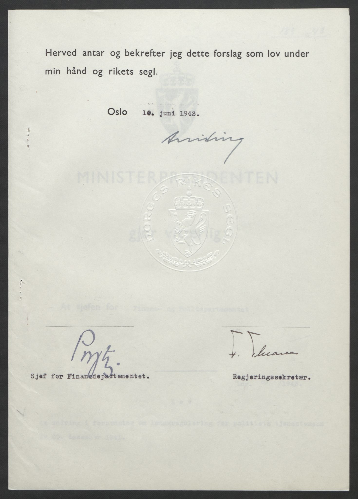 NS-administrasjonen 1940-1945 (Statsrådsekretariatet, de kommisariske statsråder mm), AV/RA-S-4279/D/Db/L0099: Lover, 1943, p. 403