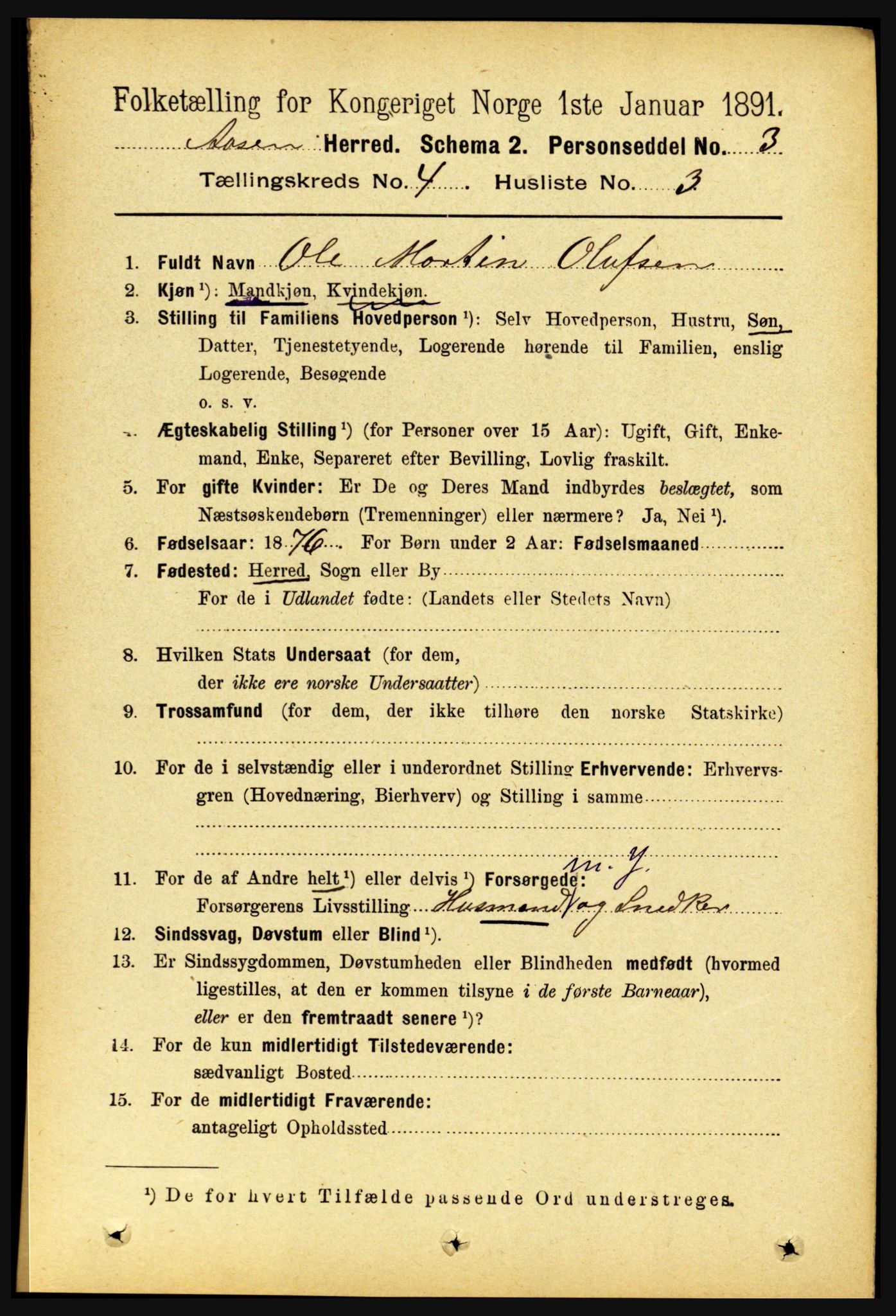 RA, 1891 census for 1716 Åsen, 1891, p. 1429