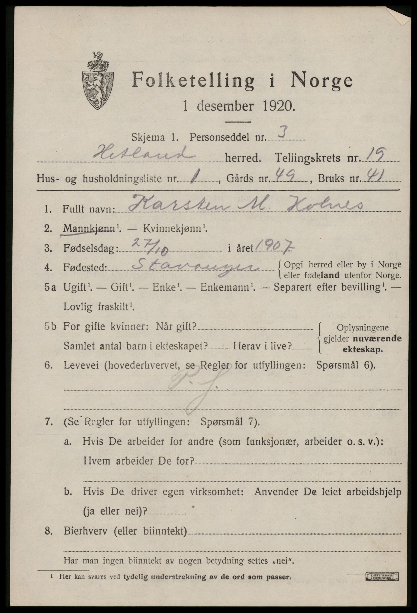 SAST, 1920 census for Hetland, 1920, p. 25699