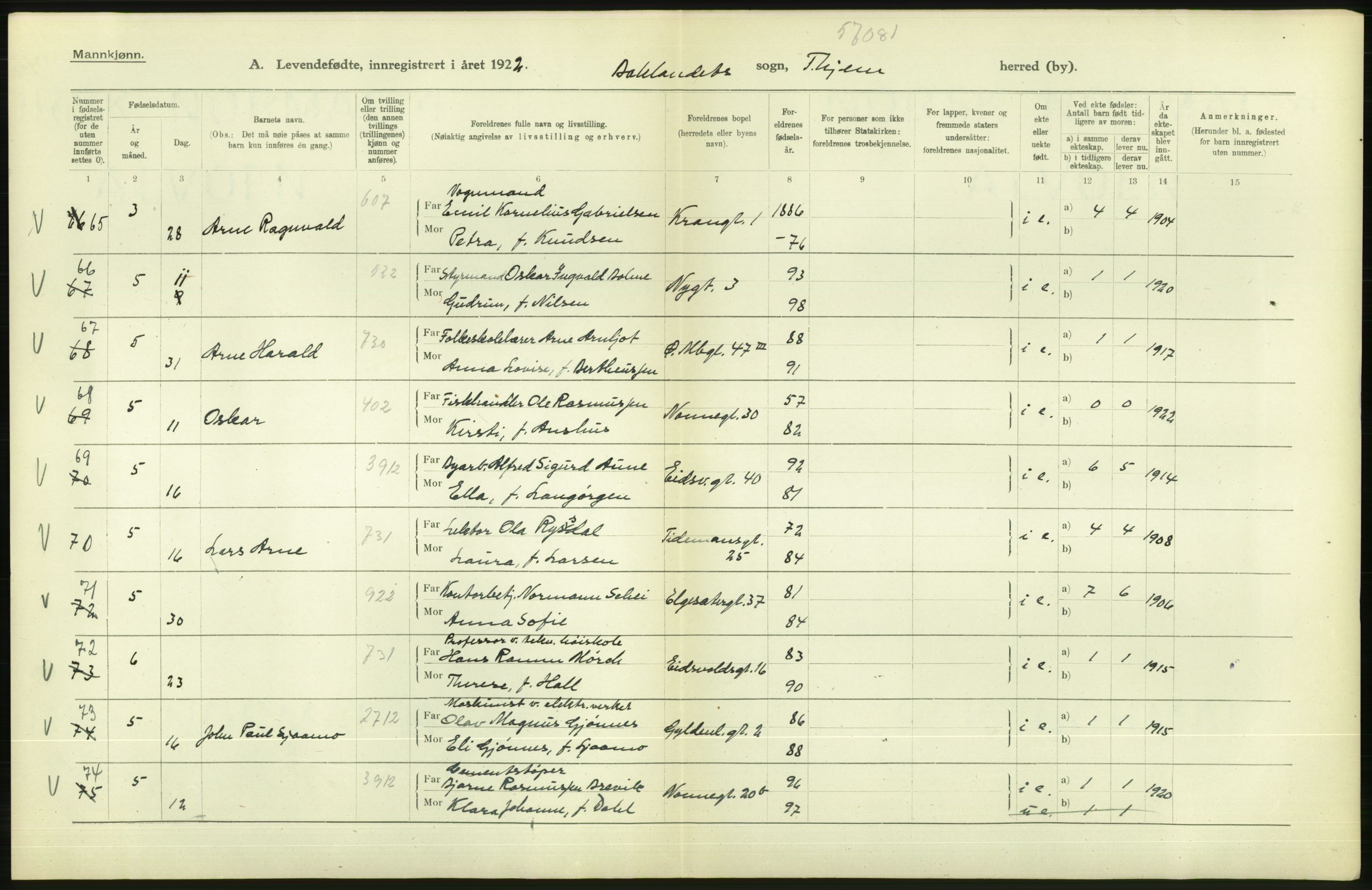 Statistisk sentralbyrå, Sosiodemografiske emner, Befolkning, AV/RA-S-2228/D/Df/Dfc/Dfcb/L0039: Trondheim: Levendefødte menn og kvinner., 1922, p. 46