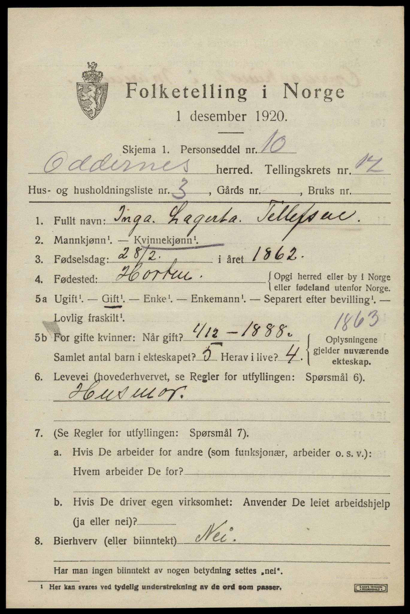 SAK, 1920 census for Oddernes, 1920, p. 12547