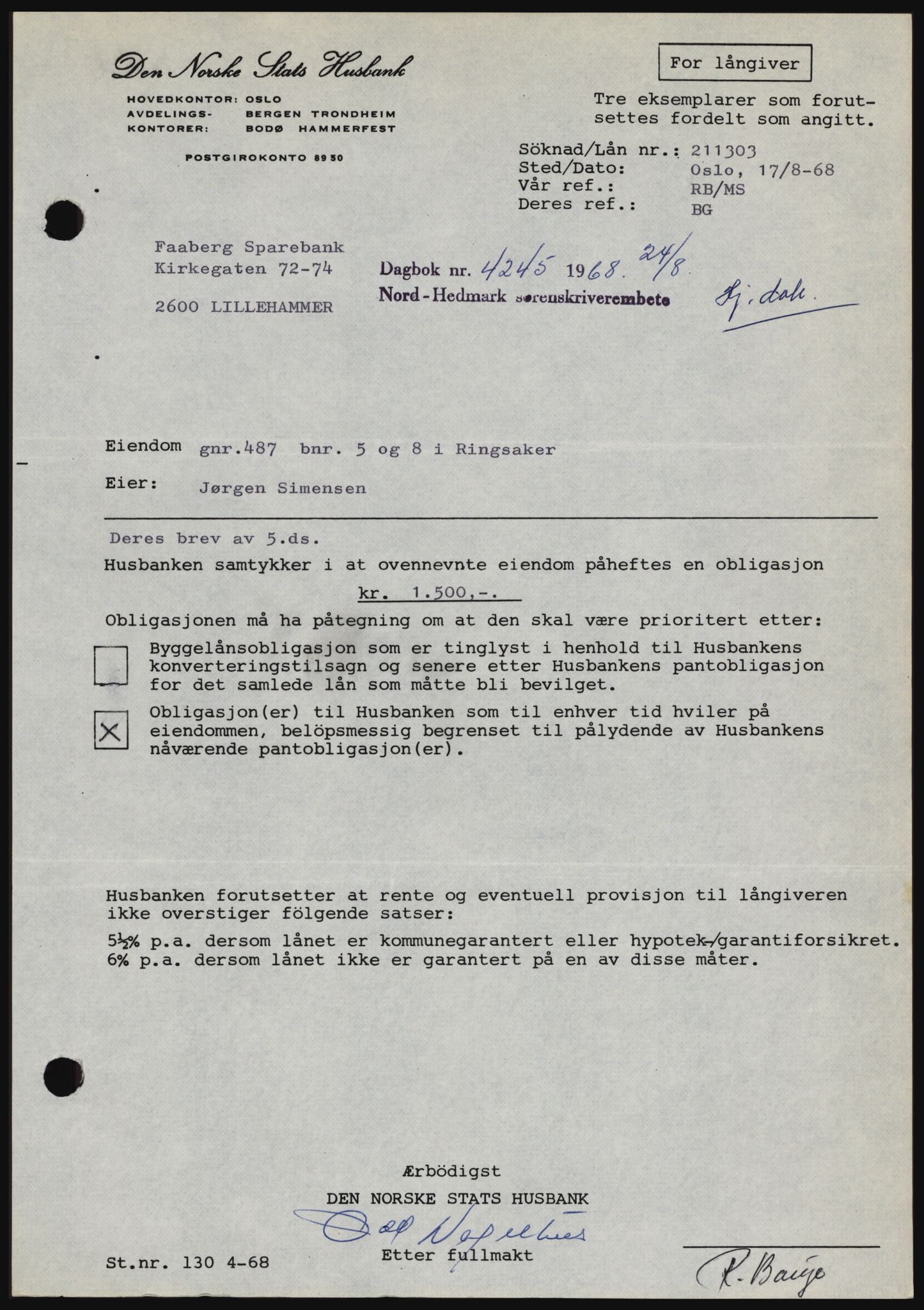 Nord-Hedmark sorenskriveri, SAH/TING-012/H/Hc/L0028: Mortgage book no. 28, 1968-1968, Diary no: : 4245/1968