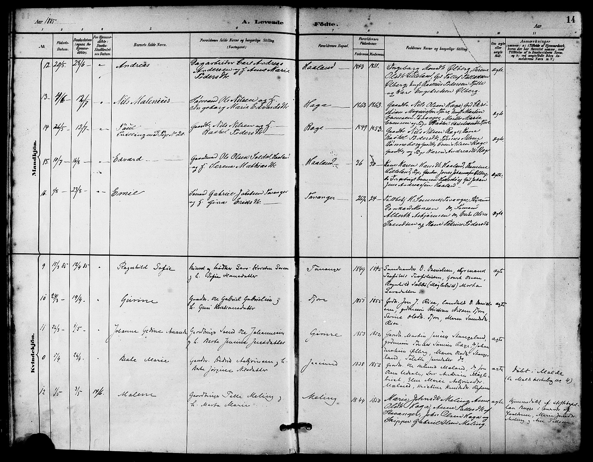 Håland sokneprestkontor, AV/SAST-A-101802/001/30BA/L0010: Parish register (official) no. A 9, 1883-1888, p. 14