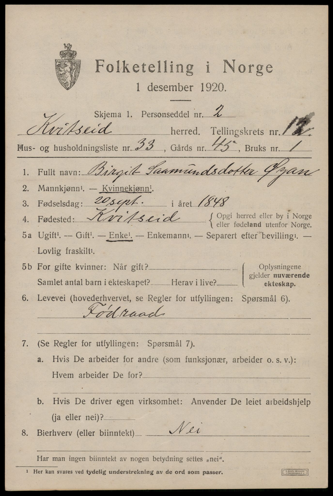 SAKO, 1920 census for Kviteseid, 1920, p. 6197