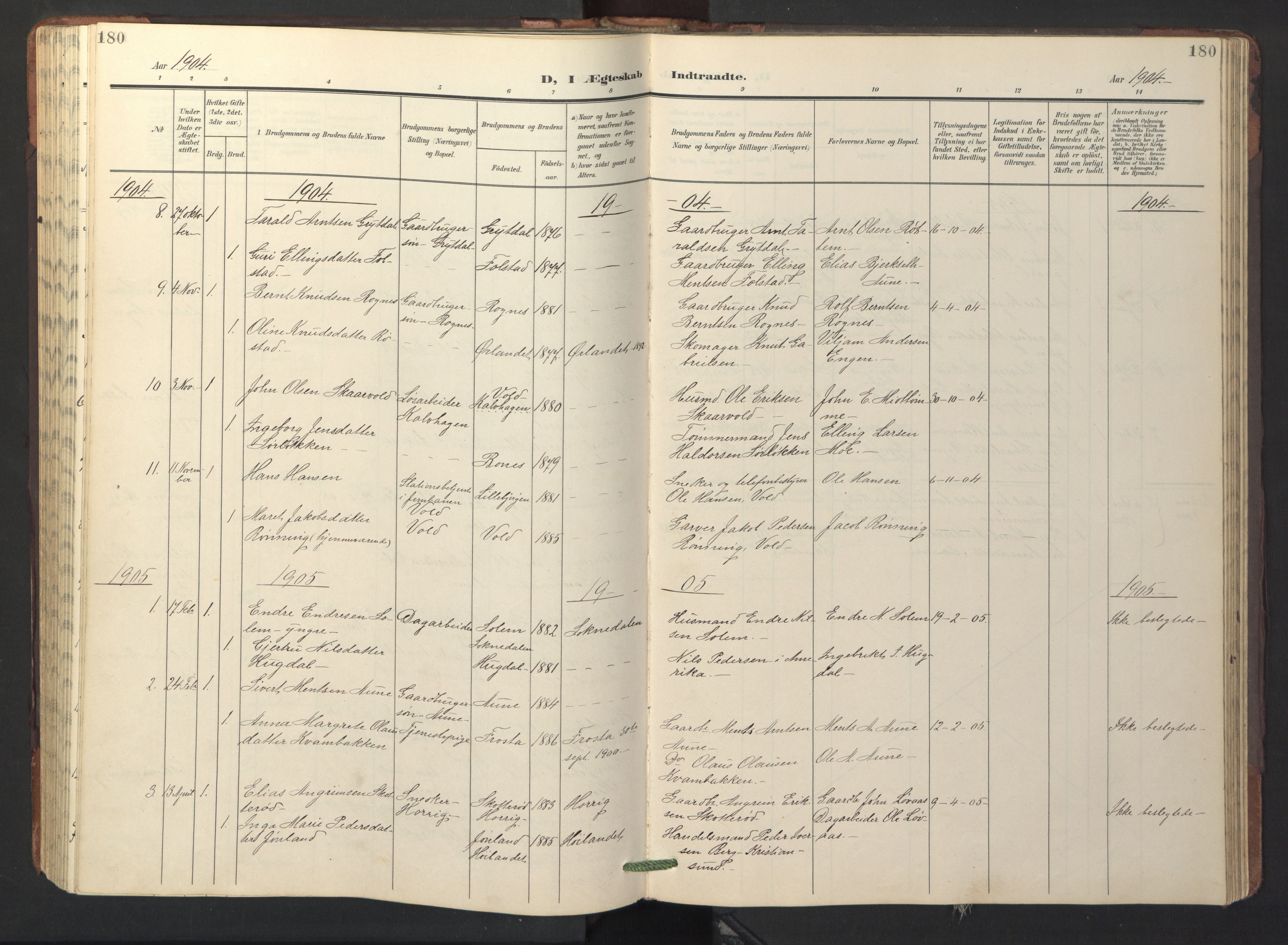 Ministerialprotokoller, klokkerbøker og fødselsregistre - Sør-Trøndelag, SAT/A-1456/687/L1019: Parish register (copy) no. 687C03, 1904-1931, p. 180