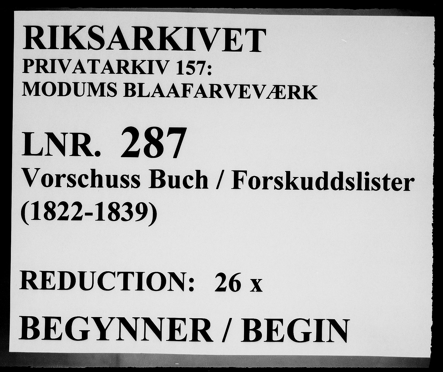 Modums Blaafarveværk, RA/PA-0157/G/Gd/Gdd/L0287/0001: -- / Vorschuss Buch fur Modums Blaufarben Werk, 1822-1839, p. 1