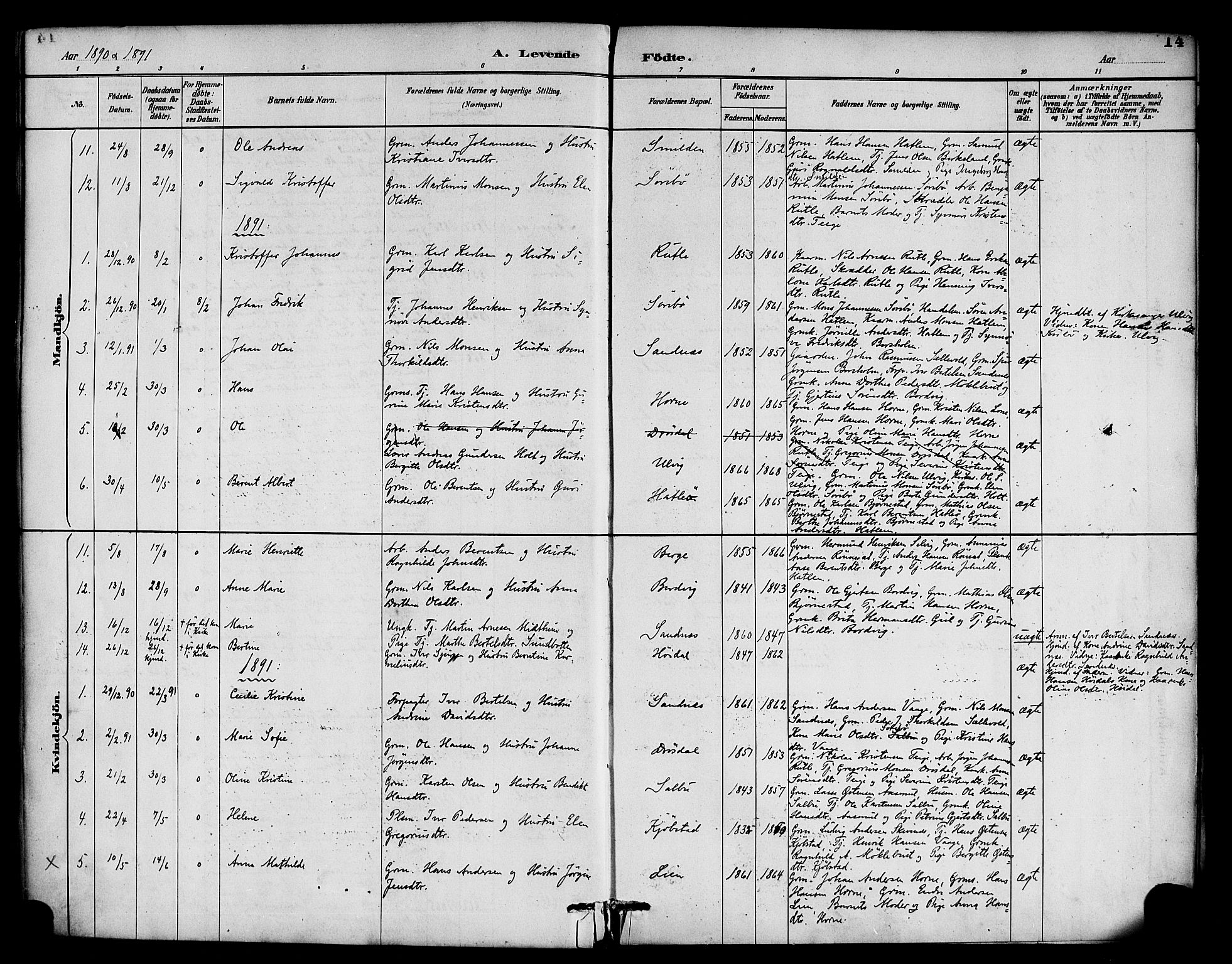 Hyllestad sokneprestembete, AV/SAB-A-80401: Parish register (official) no. D 1, 1886-1905, p. 14