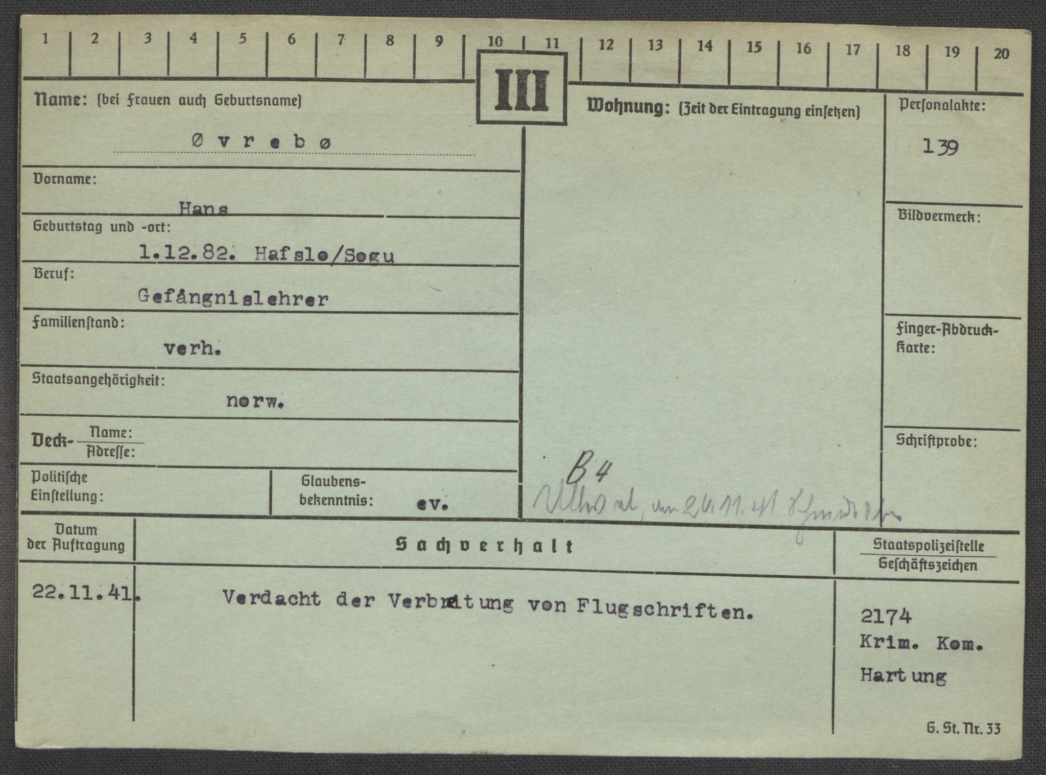 Befehlshaber der Sicherheitspolizei und des SD, AV/RA-RAFA-5969/E/Ea/Eaa/L0010: Register over norske fanger i Møllergata 19: Sø-Å, 1940-1945, p. 1360