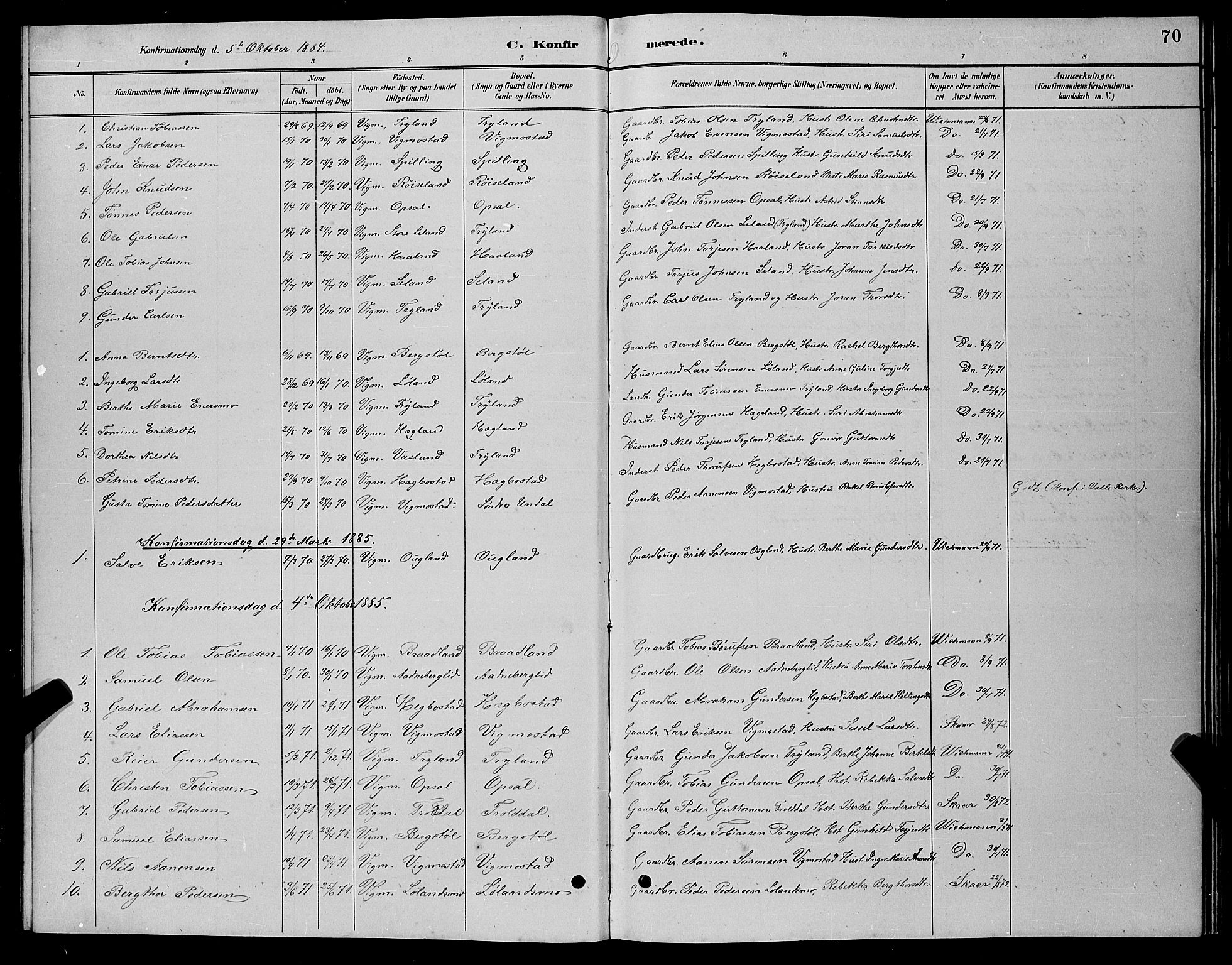 Nord-Audnedal sokneprestkontor, SAK/1111-0032/F/Fb/Fbb/L0003: Parish register (copy) no. B 3, 1882-1900, p. 70