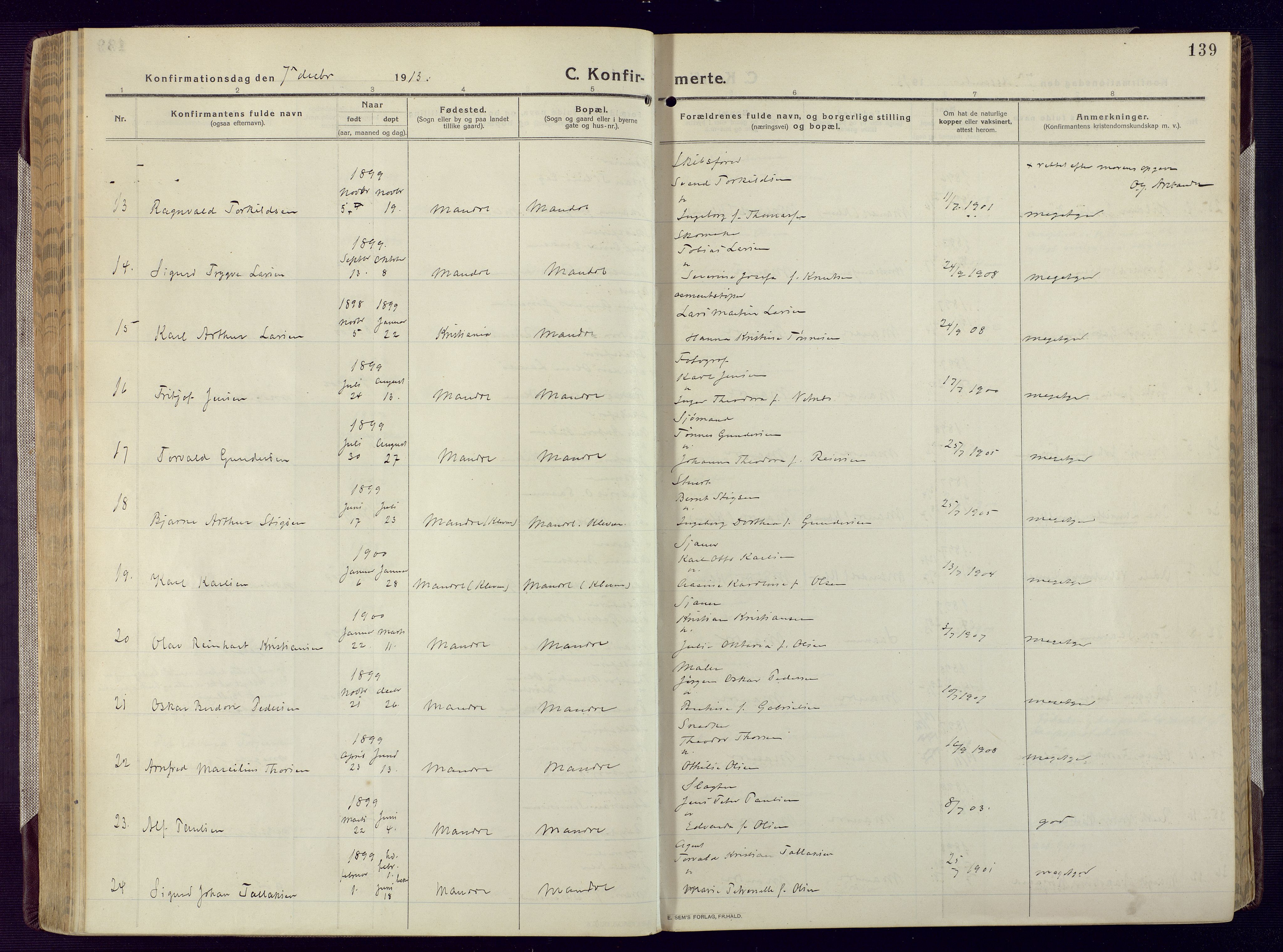 Mandal sokneprestkontor, AV/SAK-1111-0030/F/Fa/Fac/L0001: Parish register (official) no. A 1, 1913-1925, p. 139