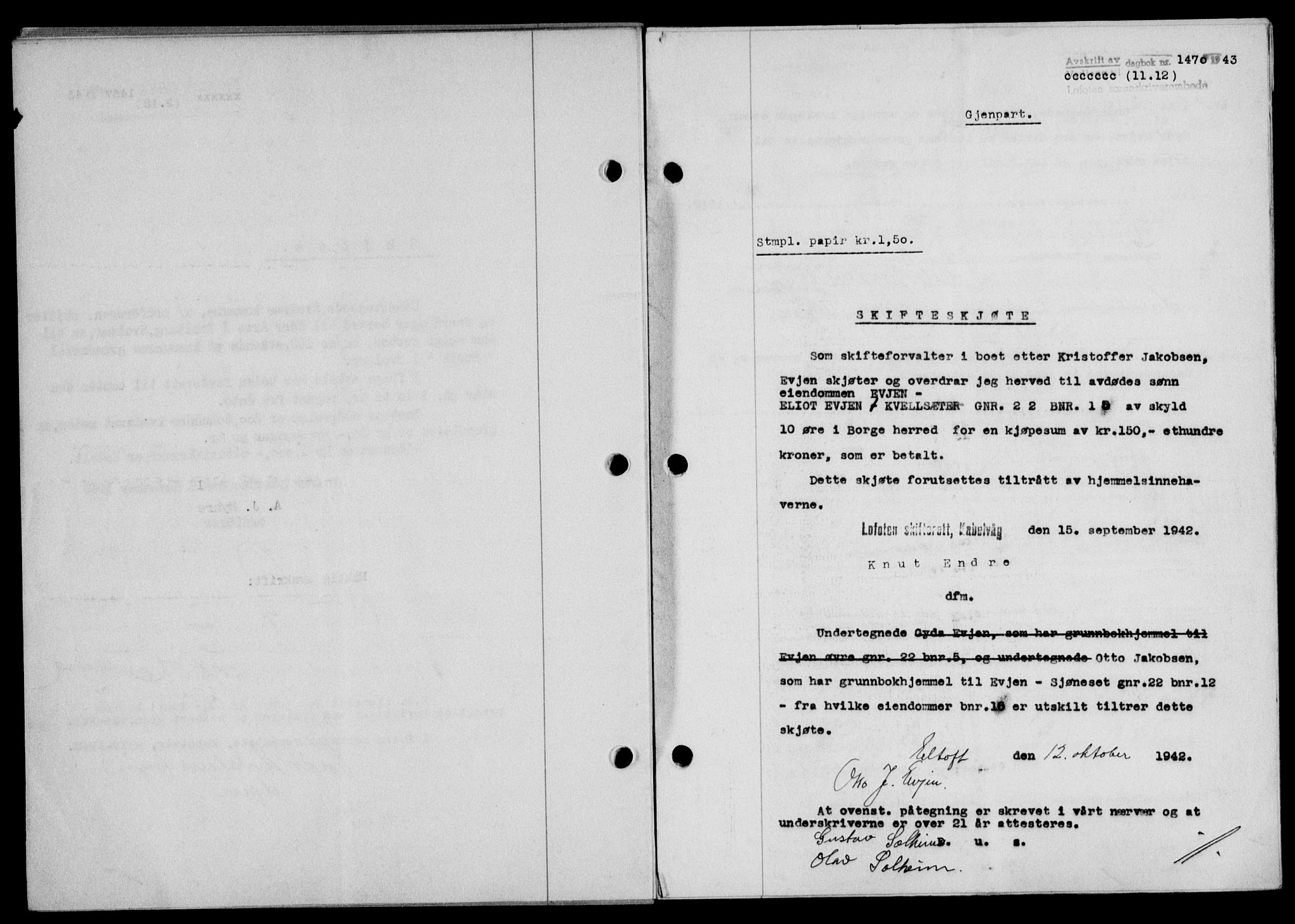Lofoten sorenskriveri, SAT/A-0017/1/2/2C/L0012a: Mortgage book no. 12a, 1943-1944, Diary no: : 1470/1943