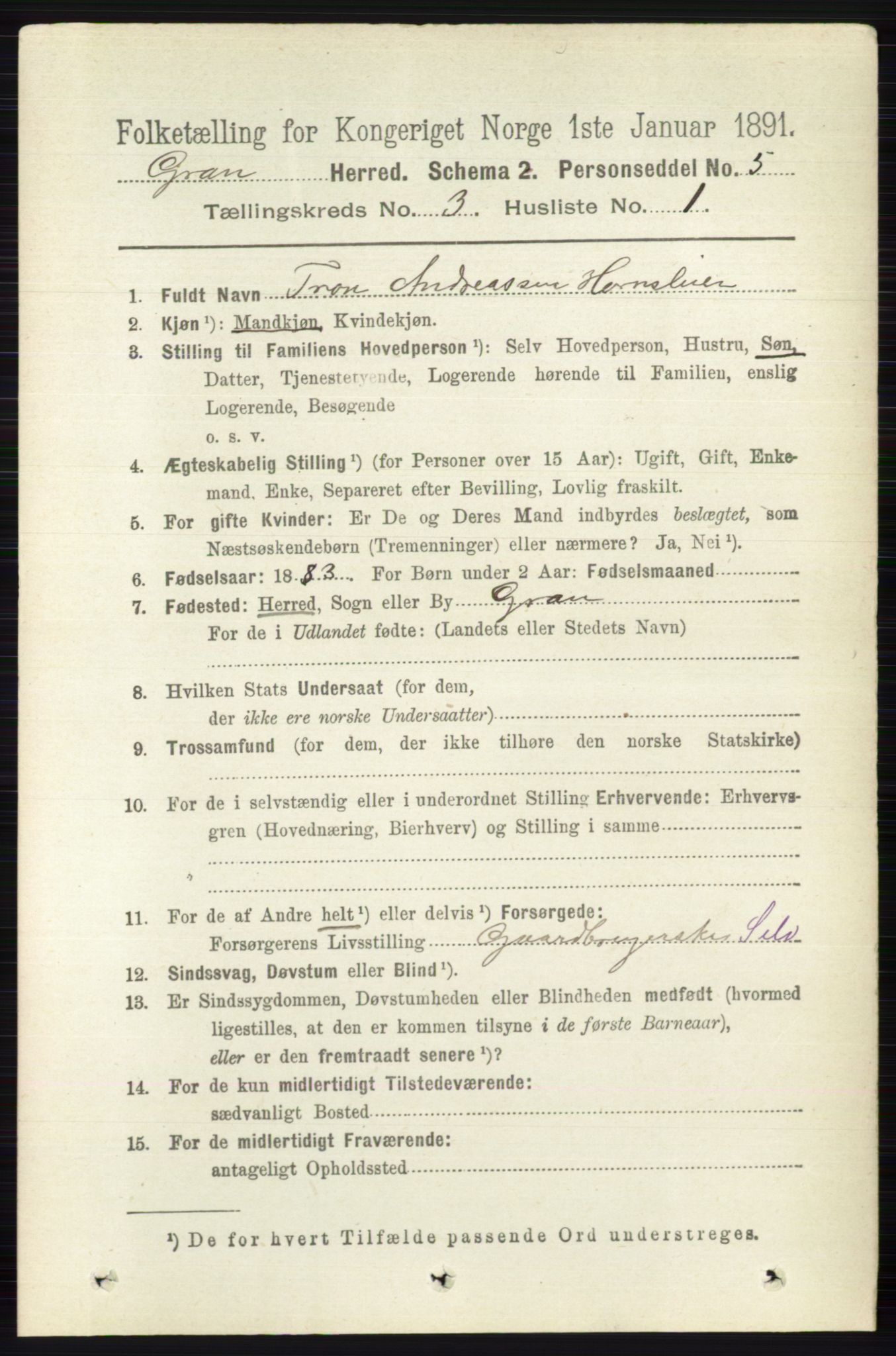 RA, 1891 census for 0534 Gran, 1891, p. 689