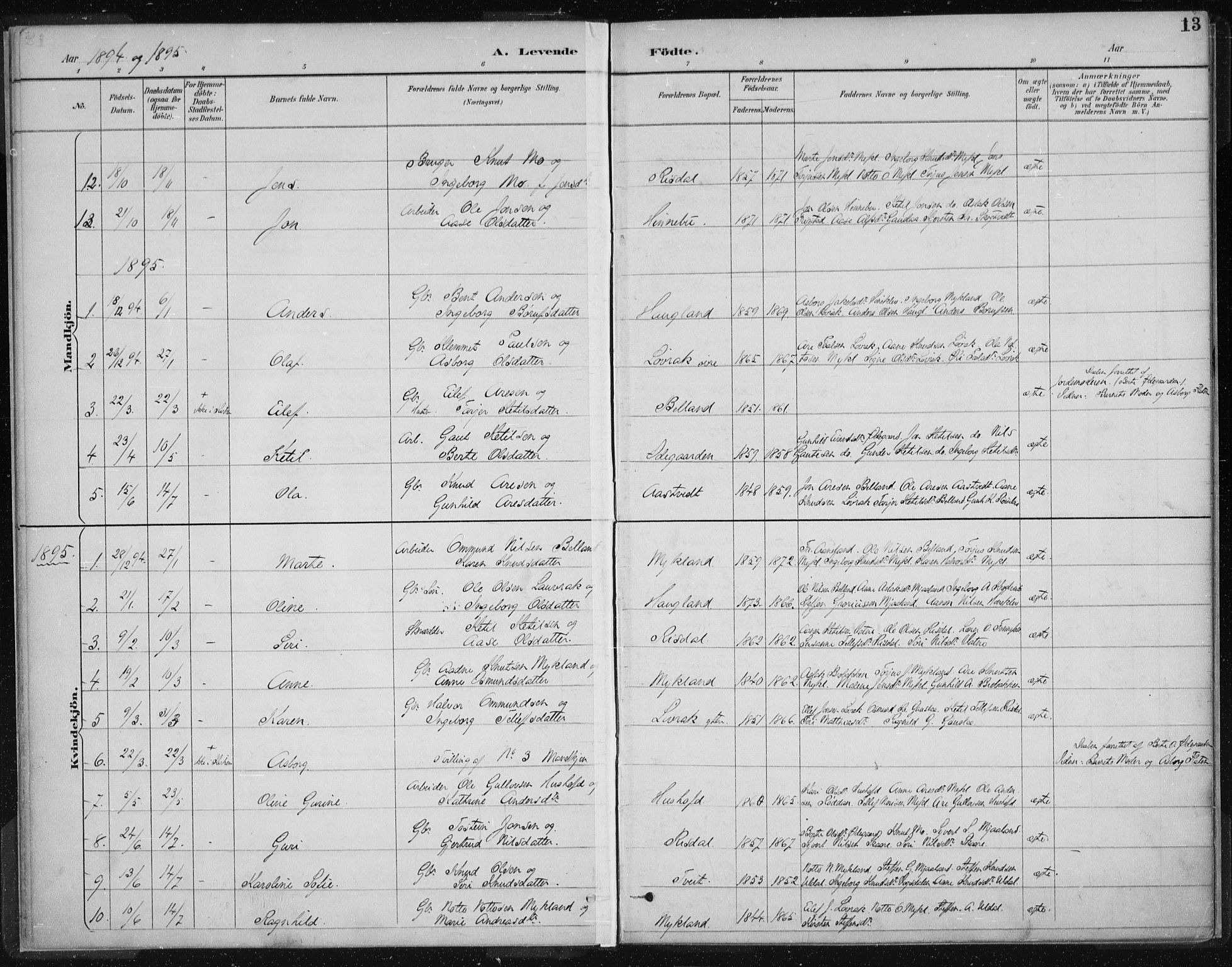 Herefoss sokneprestkontor, SAK/1111-0019/F/Fa/Fac/L0002: Parish register (official) no. A 2, 1887-1915, p. 13