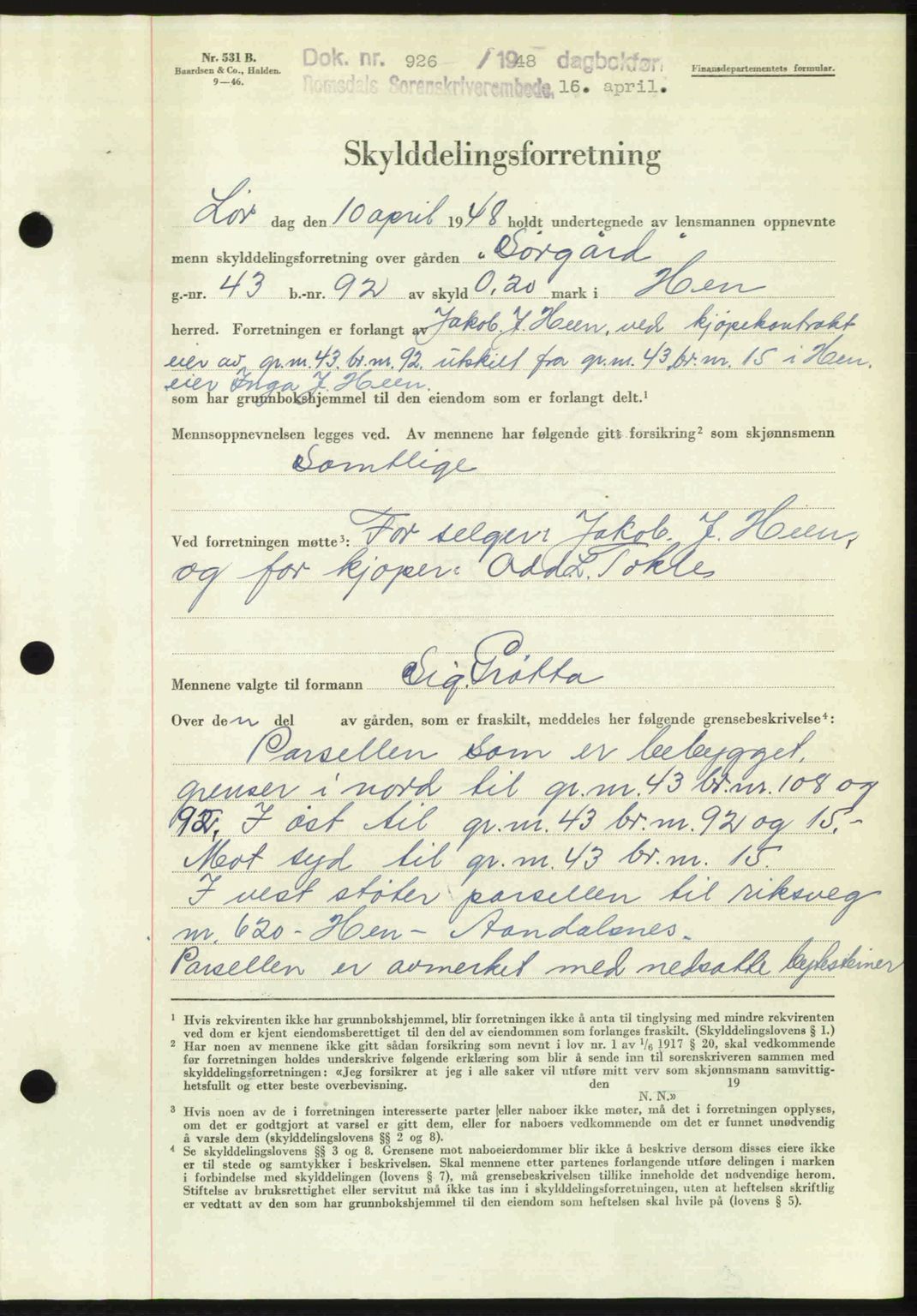 Romsdal sorenskriveri, AV/SAT-A-4149/1/2/2C: Mortgage book no. A26, 1948-1948, Diary no: : 926/1948