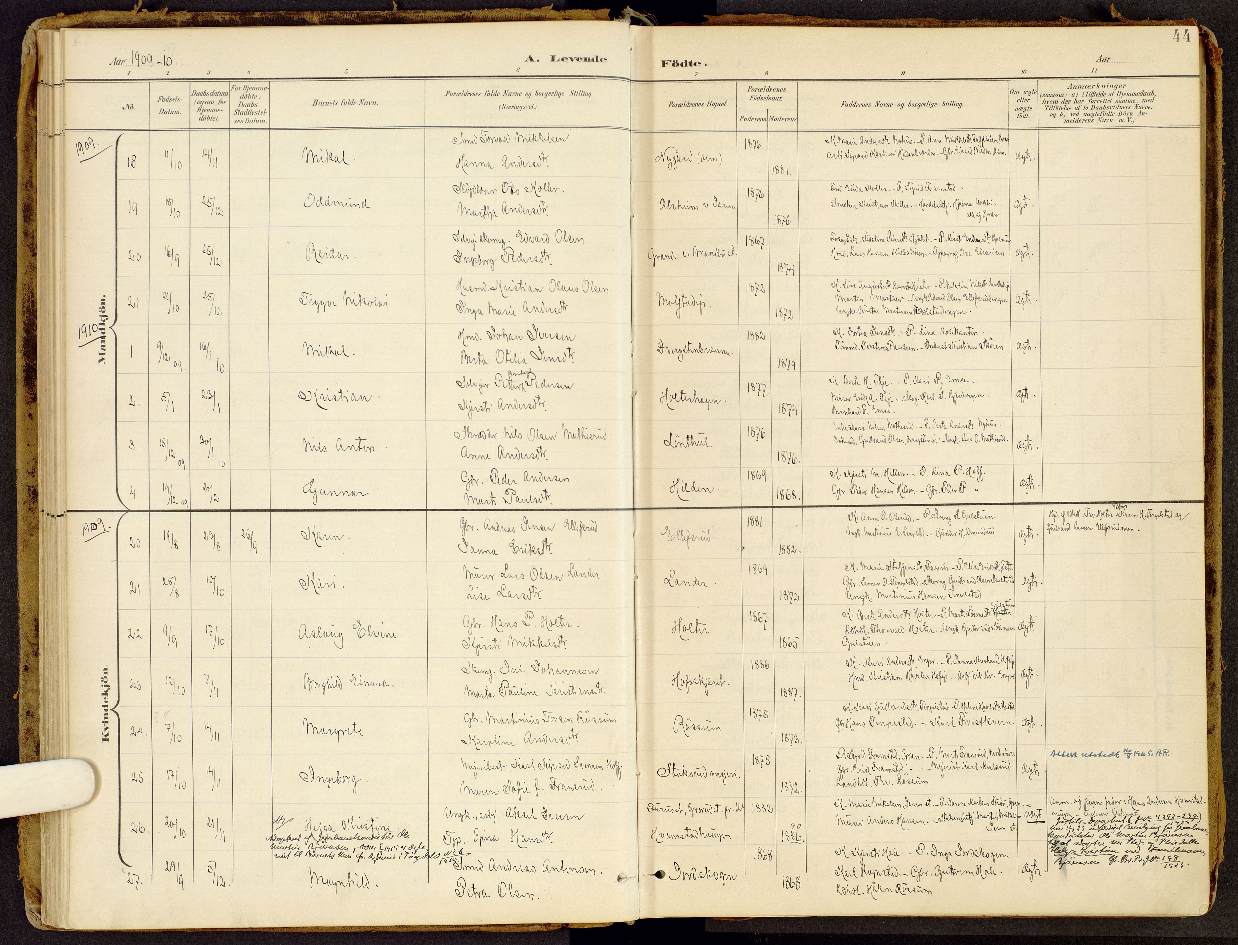 Brandbu prestekontor, SAH/PREST-114/H/Ha/Haa/L0002: Parish register (official) no. 2, 1899-1914, p. 44