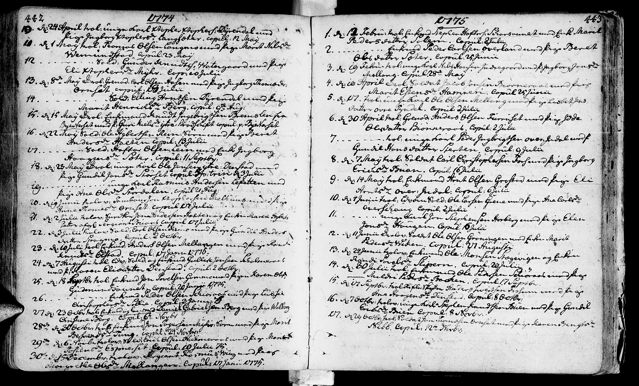 Ministerialprotokoller, klokkerbøker og fødselsregistre - Sør-Trøndelag, AV/SAT-A-1456/646/L0605: Parish register (official) no. 646A03, 1751-1790, p. 442-443